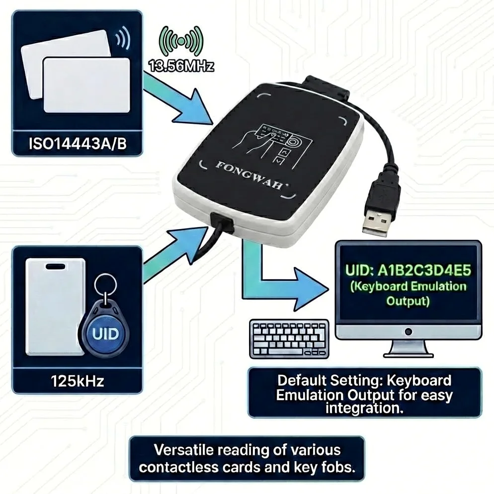 Lector de Tarjetas de identificación e IC RFID Fongwah, emulador de Teclado, 13,56 MHz y 125 KHz, Compatible con ISO 14443A/B, para Tarjetas NFC/S50/S70/Desfire/ID