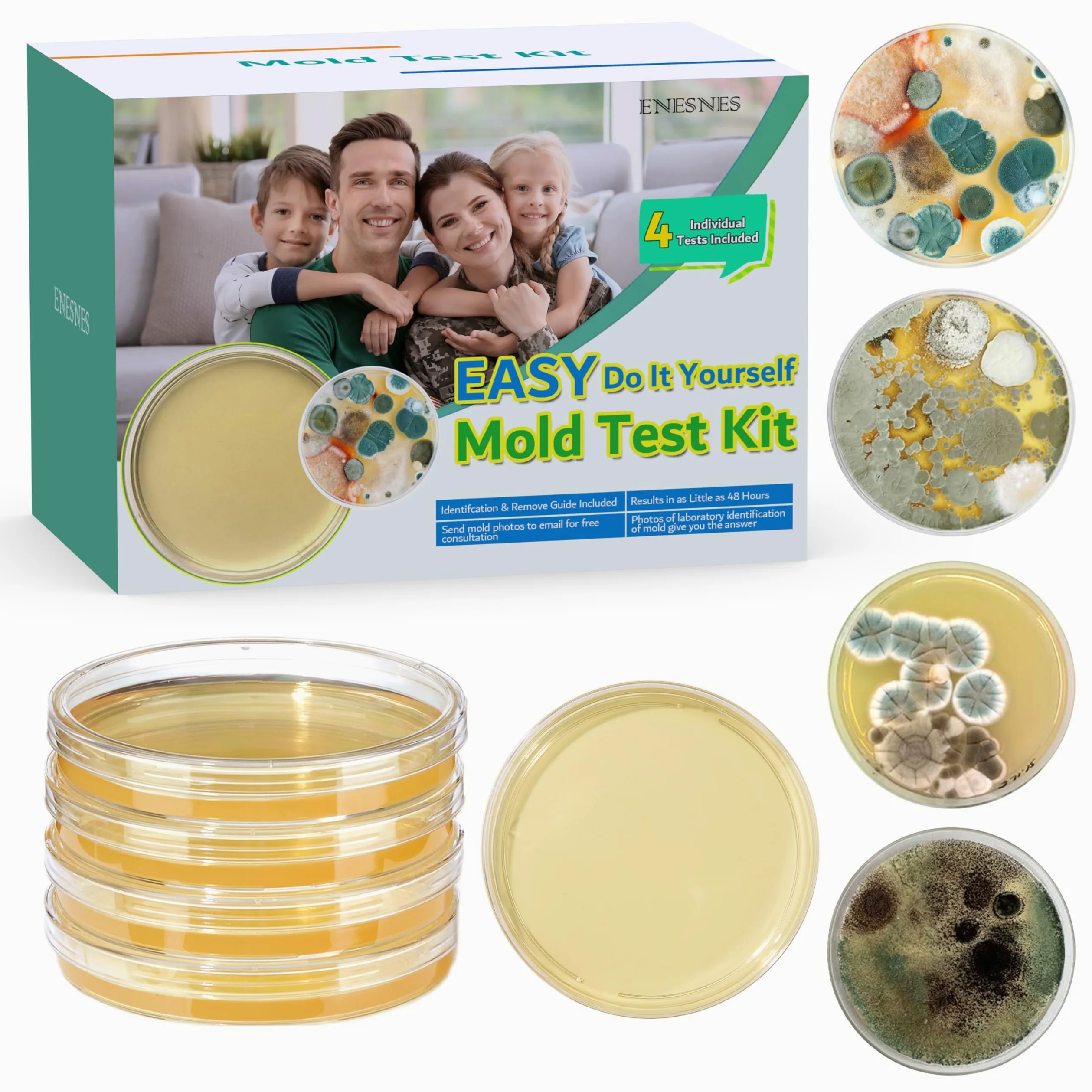 Kit de prueba de moho con 4 pruebas individuales, kit de prueba de moho para el hogar, incluye guía detallada de identificación de moldes, detector de moho rápido y fiable para el hogar