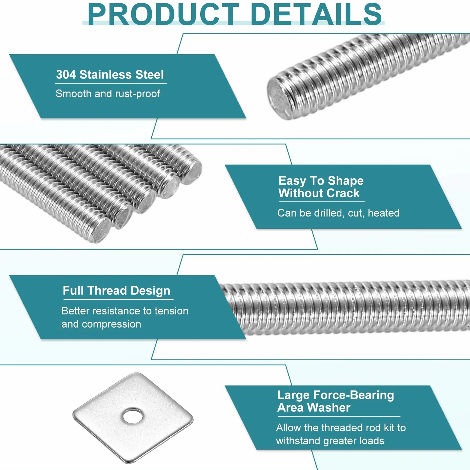 QUARKZMAN M3 x 250mm 304 Stainless Steel Threaded Rods 5-Pack with Nuts and Washers