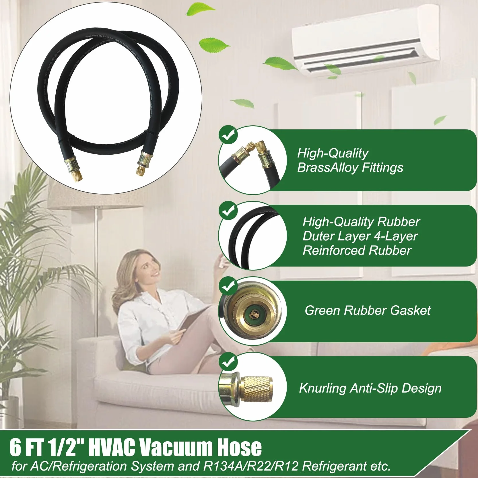 Manguera de vacío HVAC de 1/2 pulgada, accesorios de 3/8 a 1/4 pulgadas, mangueras de refrigerante de alto flujo, manguera de bomba de vacío de 20 micras más rápida, evacuación y recuperación HVAC más