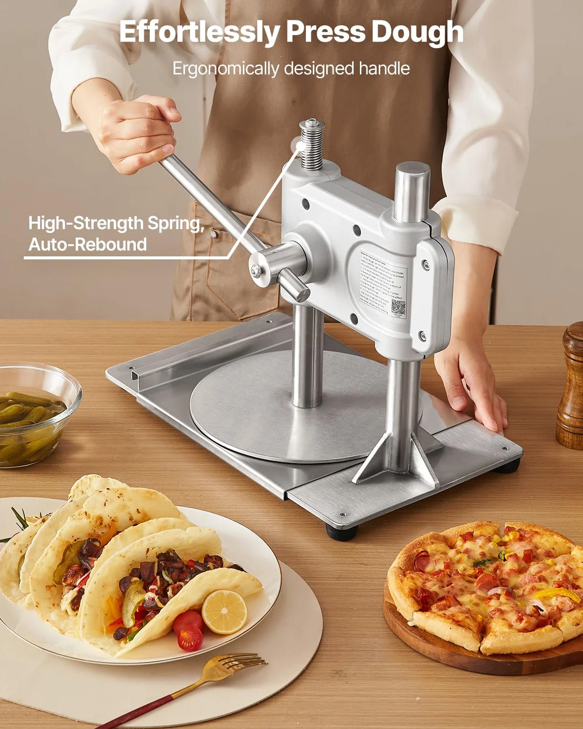 VEVOR Prensa Manual para Masa de Pizza, Placa de 24 cm, Prensa de Pan de Acero Inoxidable, para Hacer Chapatis, Formadora con Asa y 100 Hojas de Papel Pergamino, 400 x 245 x 360 mm, Color Plata