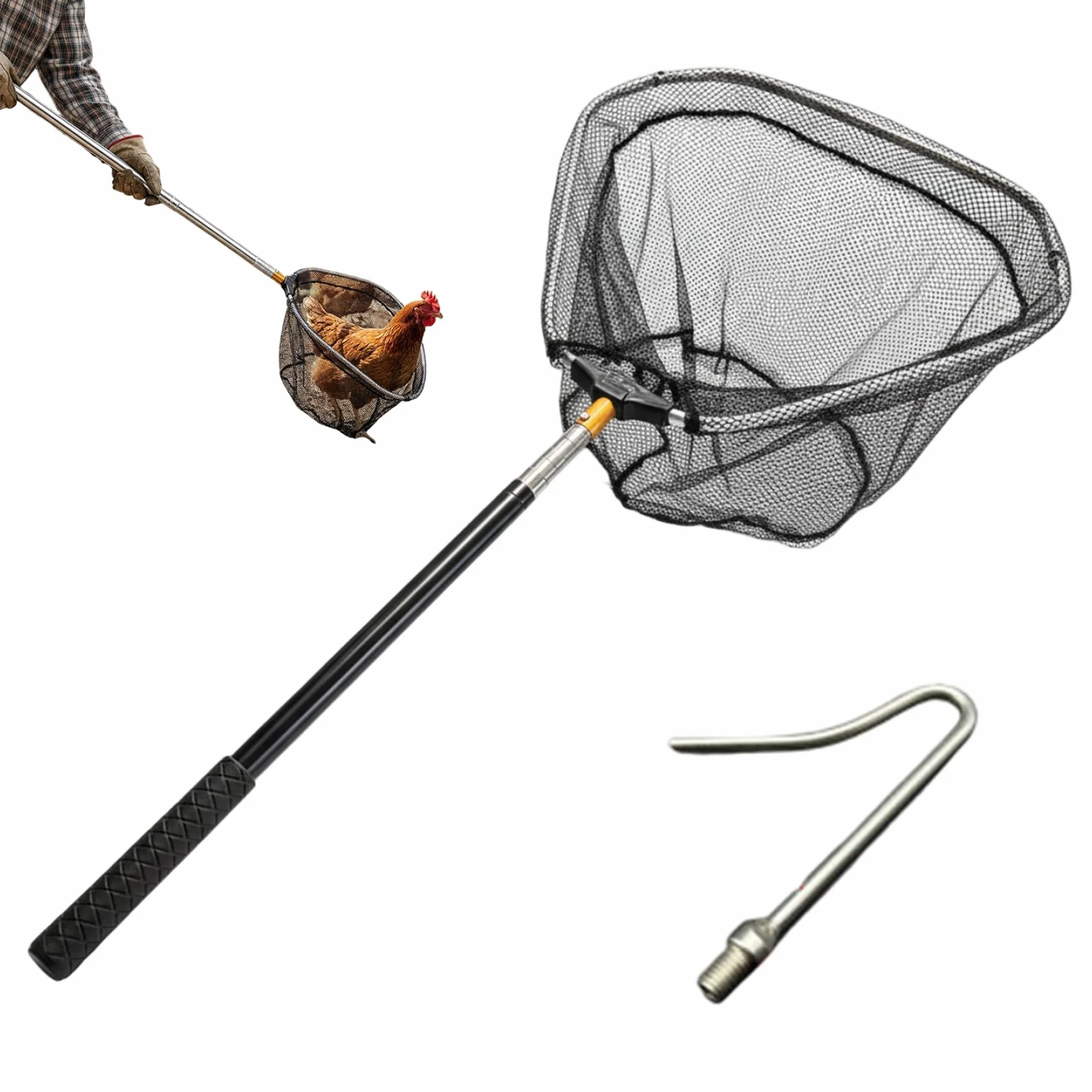 Colector de pollos, Red de captura de pollos, Colector telescópico con extensión de tubo de acero inoxidable, Gancho para aves de corral para pájaros, perros y animales pequeños