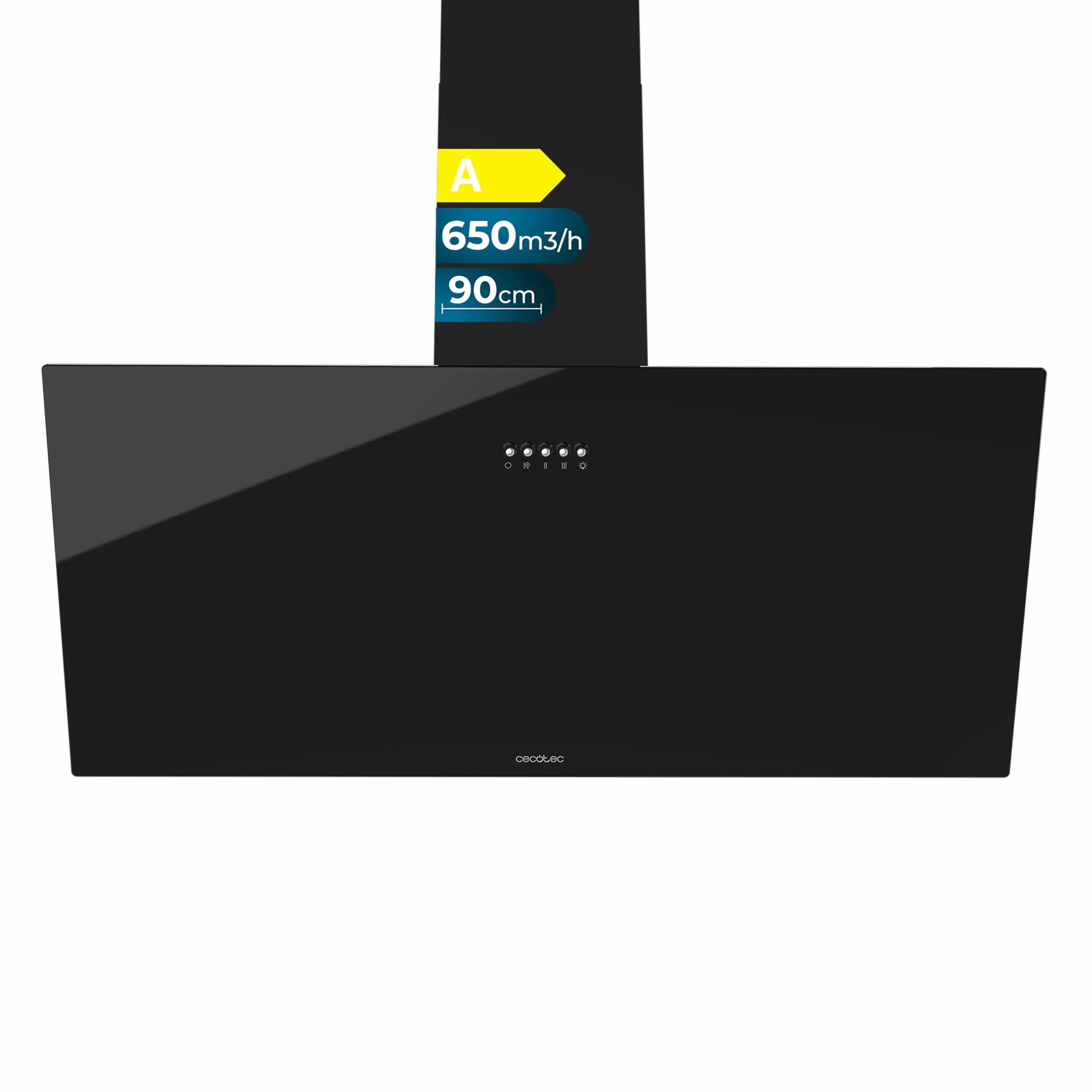 Cecotec Campana Decorativa 90cm Bolero Flux DM 906500 Glass Black 165W 650m3/h Frontal Vidrio Negro Control Mecánico 3 Niveles Potencia