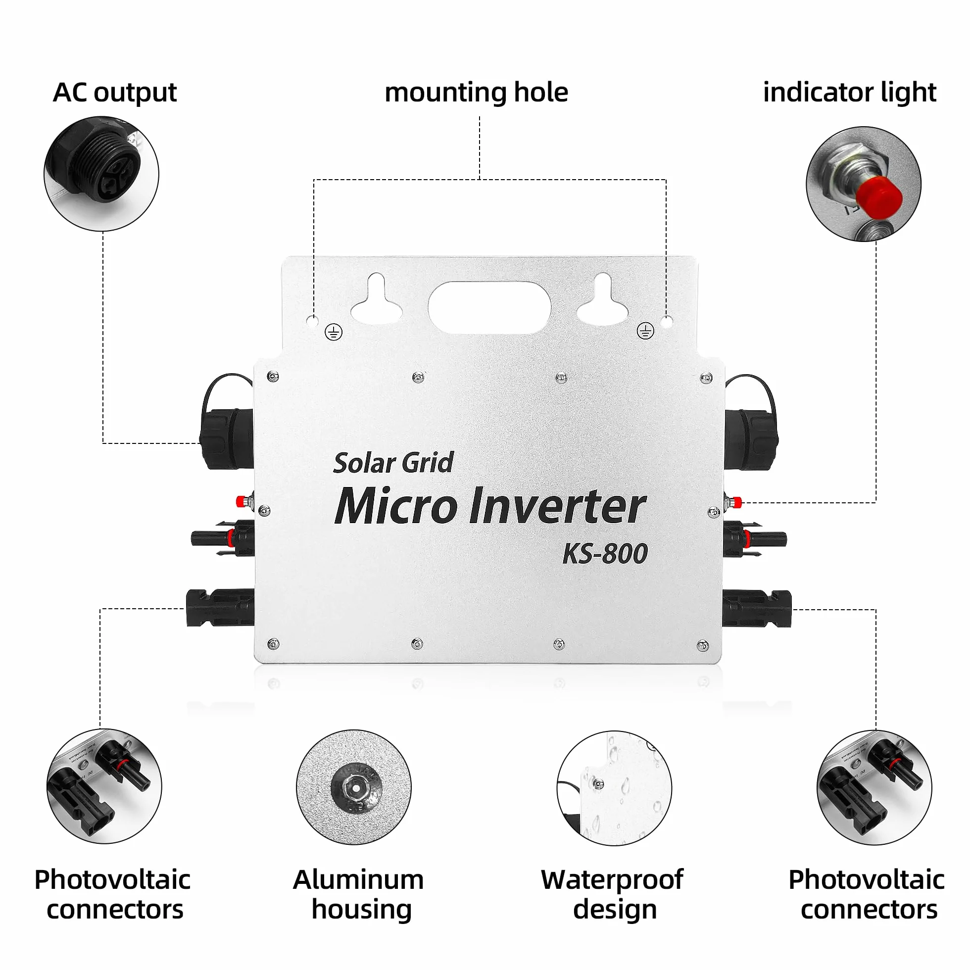 Micro inversor 800W,Inversor Central Eléctrica de Balcón con Pantalla de monitorización de Datos AC IP67 con WLAN App para 2 módulos solares para Balcony Power Station