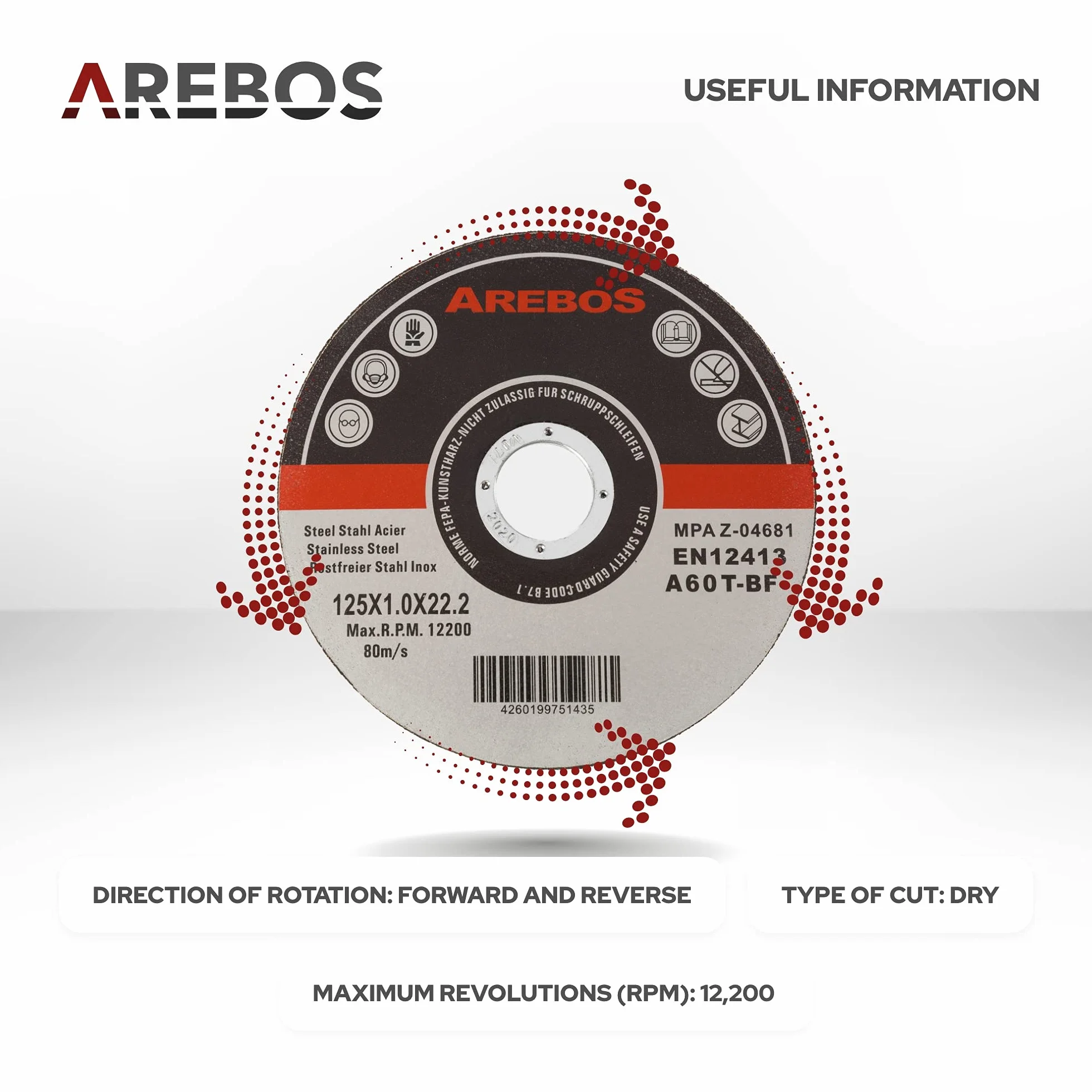 Arebos Discos de corte 400 piezas | Ø 125mm x 1mm x 22,2mm | apto para acero, acero inoxidable, inox, hierro, chapa, metal | avance y retroceso | certificado EN 12413 | (MPA)