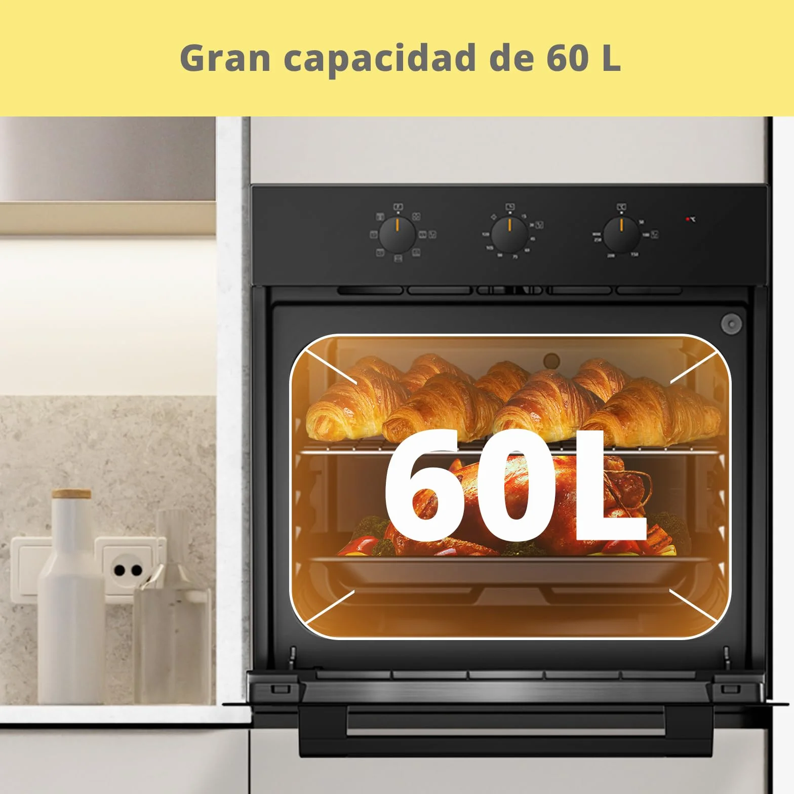 COMFEE' CBO60M80M1-BK Horno empotrable 60 cm 60 litros 8 funciones freidora de aire cocción multifase puerta extraíble limpieza vapor negro