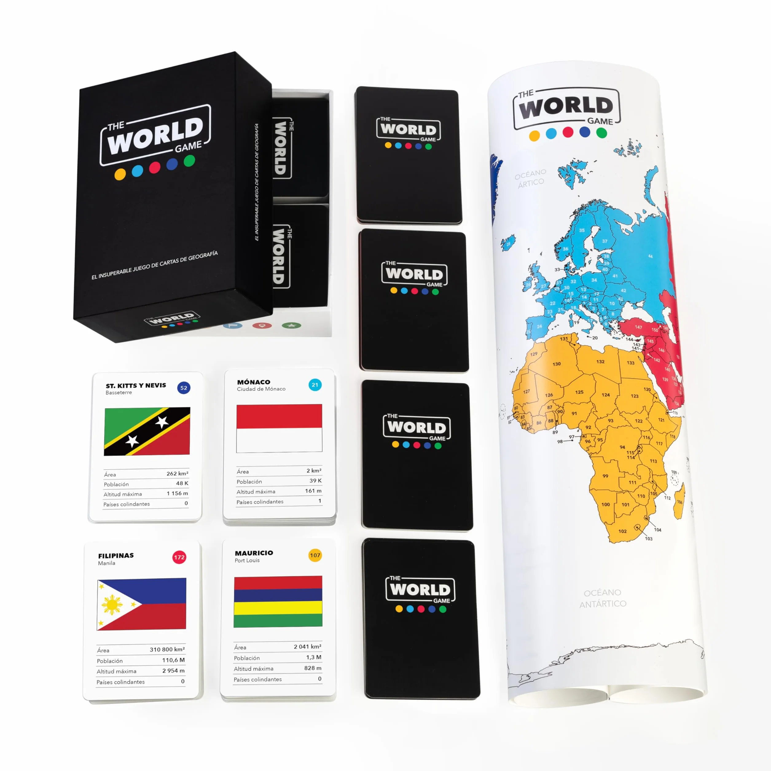 The World Game Juego de Mesa Geografía Educativo 194 Cartas Países Capitales Banderas Mapa Mundi Incluido Español