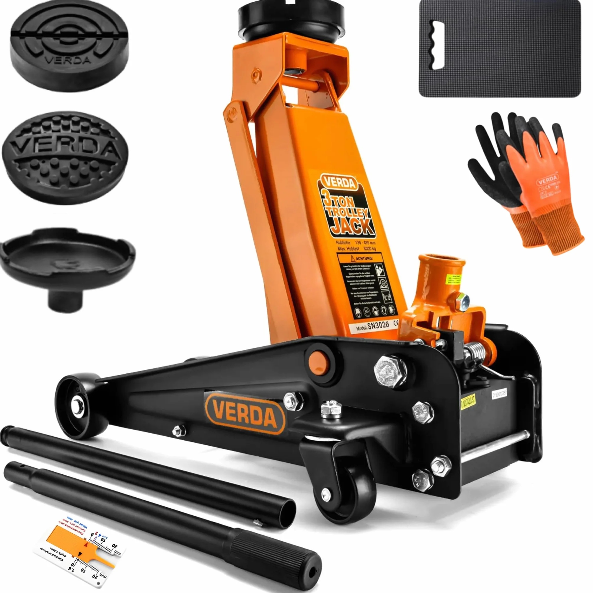 Gato hidráulico 3T con pedal + 2 x goma + guantes de montaje, altura de elevación 130 – 490 mm (gato hidráulico 3T)