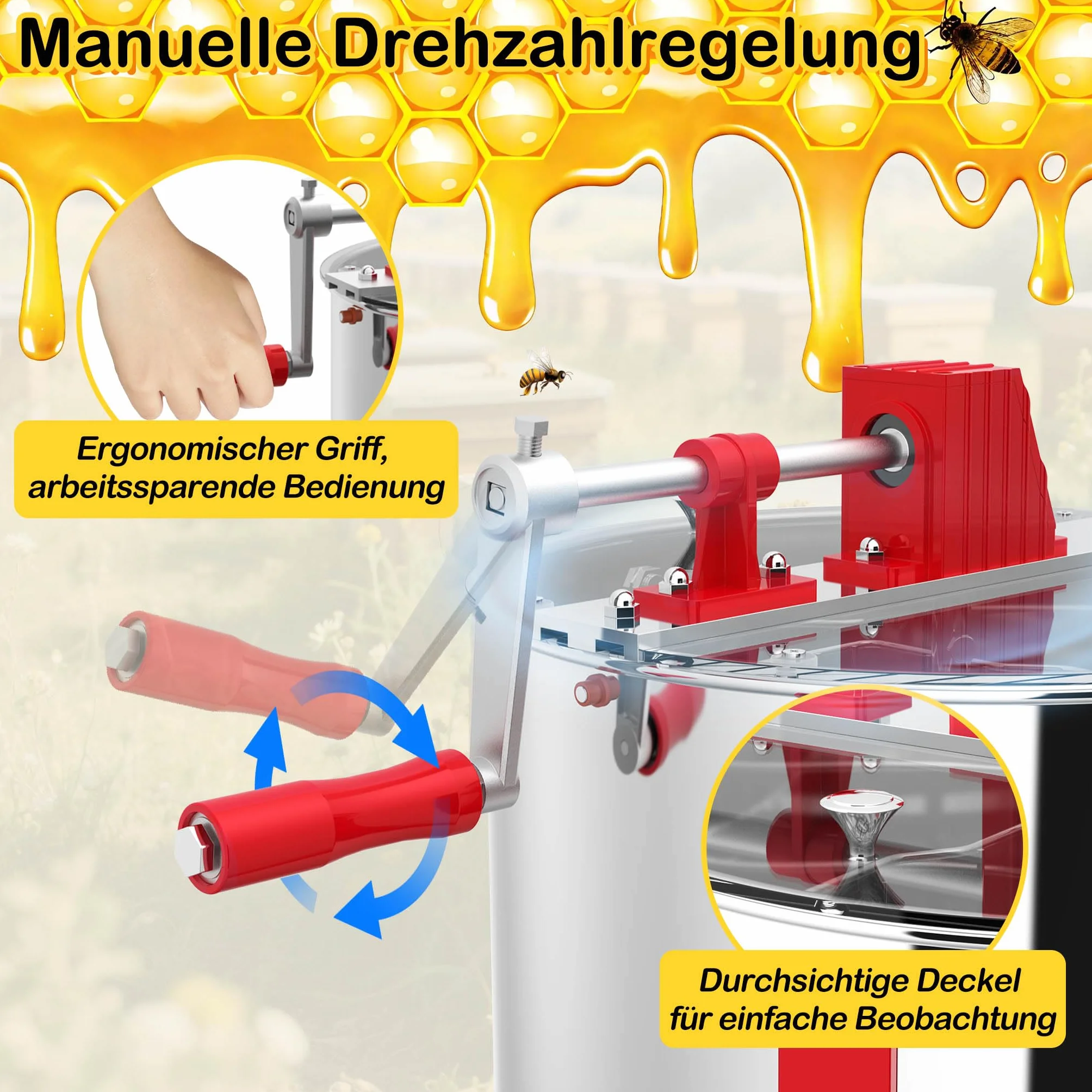 XMTECH Extractor de miel manual con 2 panales de abeja de acero inoxidable, extractor de miel tangencial con tapa de visión y ajuste de altura, tirachinas para aficiones y profesionales, salida de