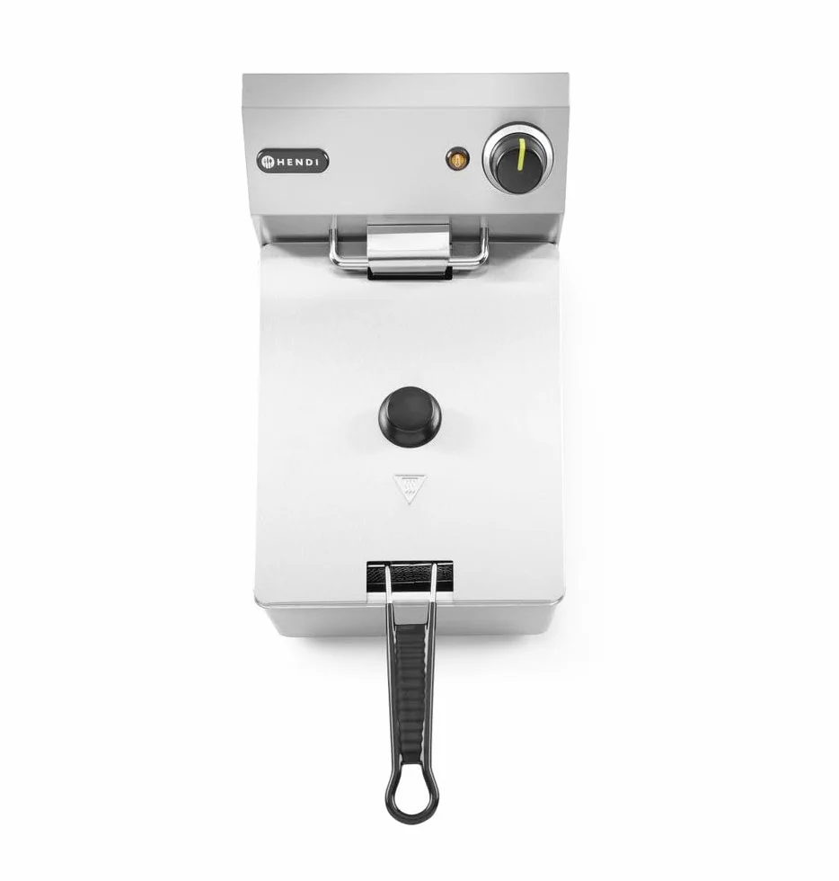 HENDI Freidora eléctrica, T ajustable hasta 190°C, termostato de seguridad, zona fría, con tapa y cesta de freír, tanque de aceite extraíble, 8L, 230V, 3500W, 265x430x(H)345mm, acero inoxidable