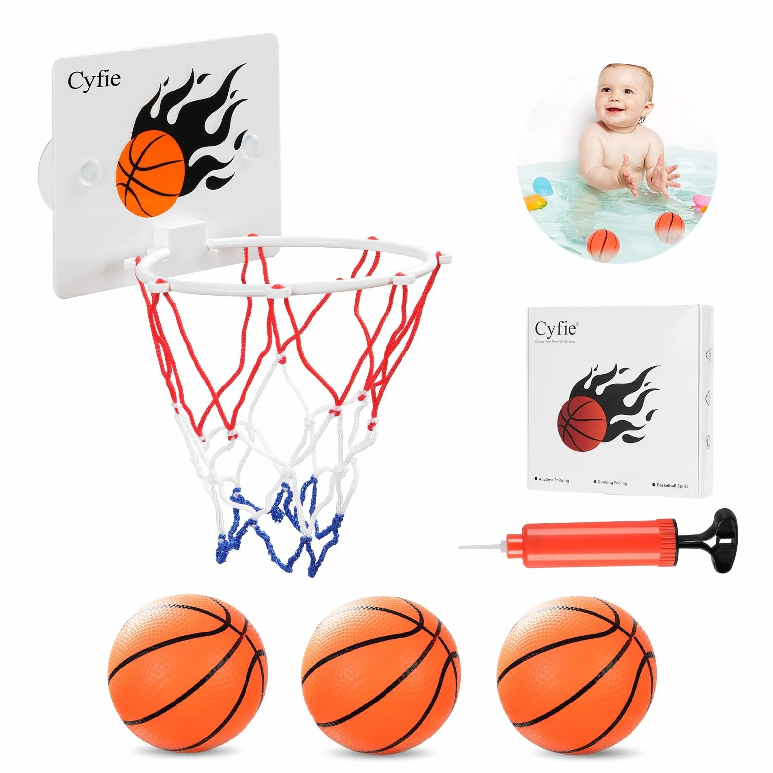 CYFIE Mini Canasta Baloncesto Infantil Interior con Ventosas, 3 Balones y 1 Bomba de Aire