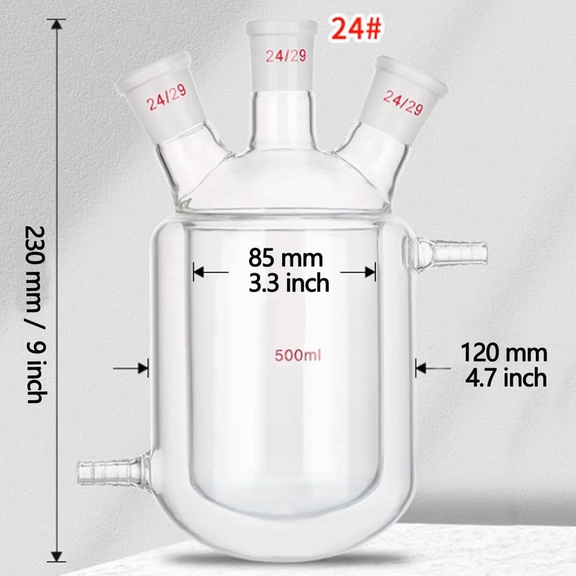 Reactor de chaqueta de laboratorio, botella de reacción de fondo redondo de doble capa 3 cuellos, conectores de vidrio esmerilado 24/29 500 ML