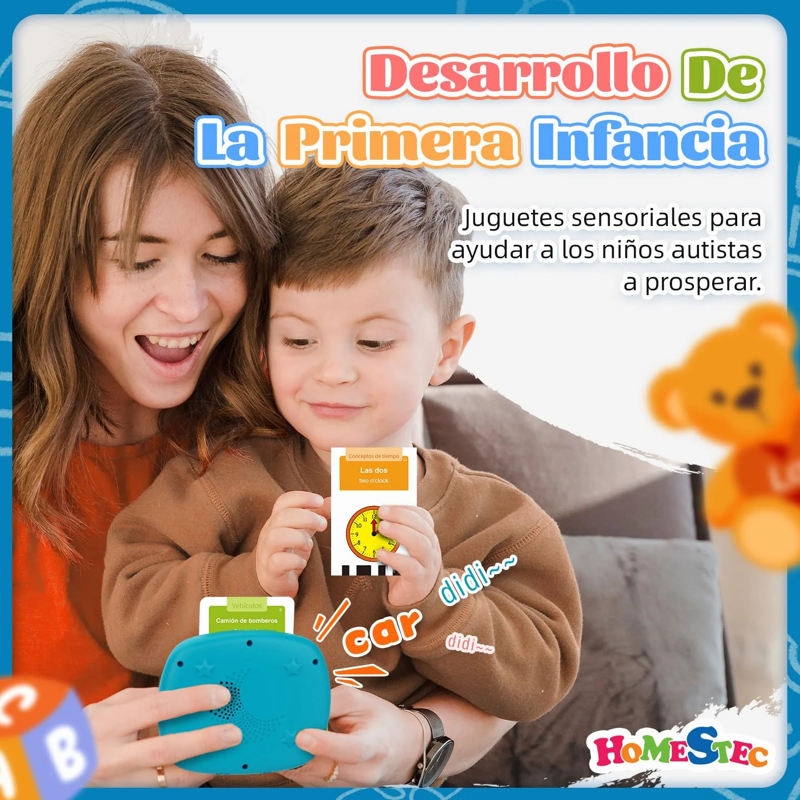 HOMESTEC Tarjetas Flash Parlantes, Juego Educativo Audibles 432 Palabras Español, Juguete Montessori Azul 2-6 Años