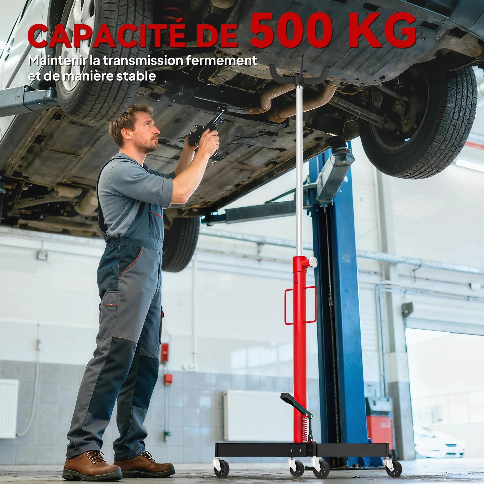 HOMCOM Gato hidráulico de foso para caja de cambios, gato elevador de acero 500 kg, altura regulable 110-191,5 cm, gato hidráulico de transmisión 4 ruedas giratorias, pedal, para coches, rojo