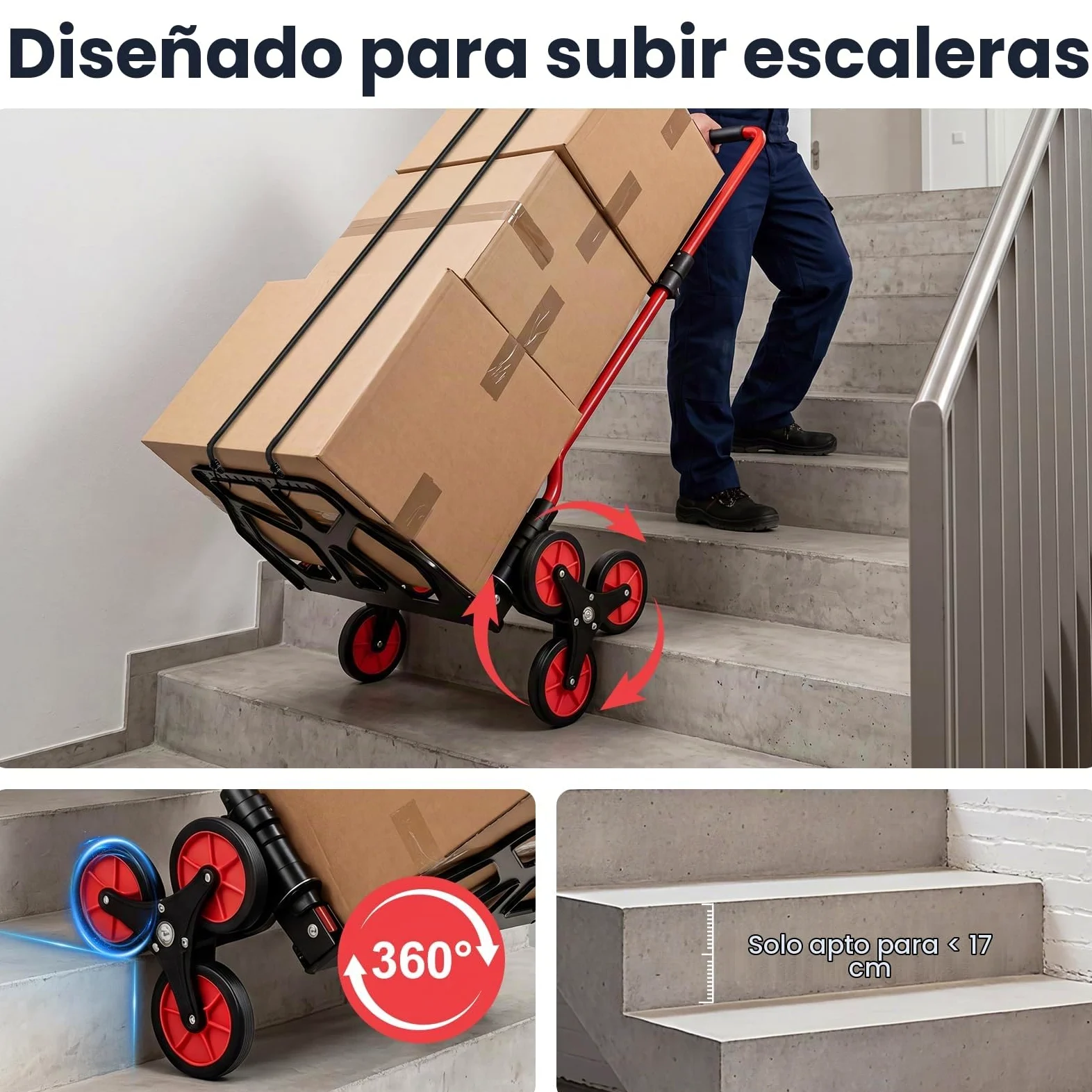 YEAUPE PRO Carretilla de Mano Plegable Escaleras 50 kg Rojo | Ruedas TPR grandes, mango telescópico regulable y 2 cuerdas incluidas para subir escaleras, mudanzas y transporte