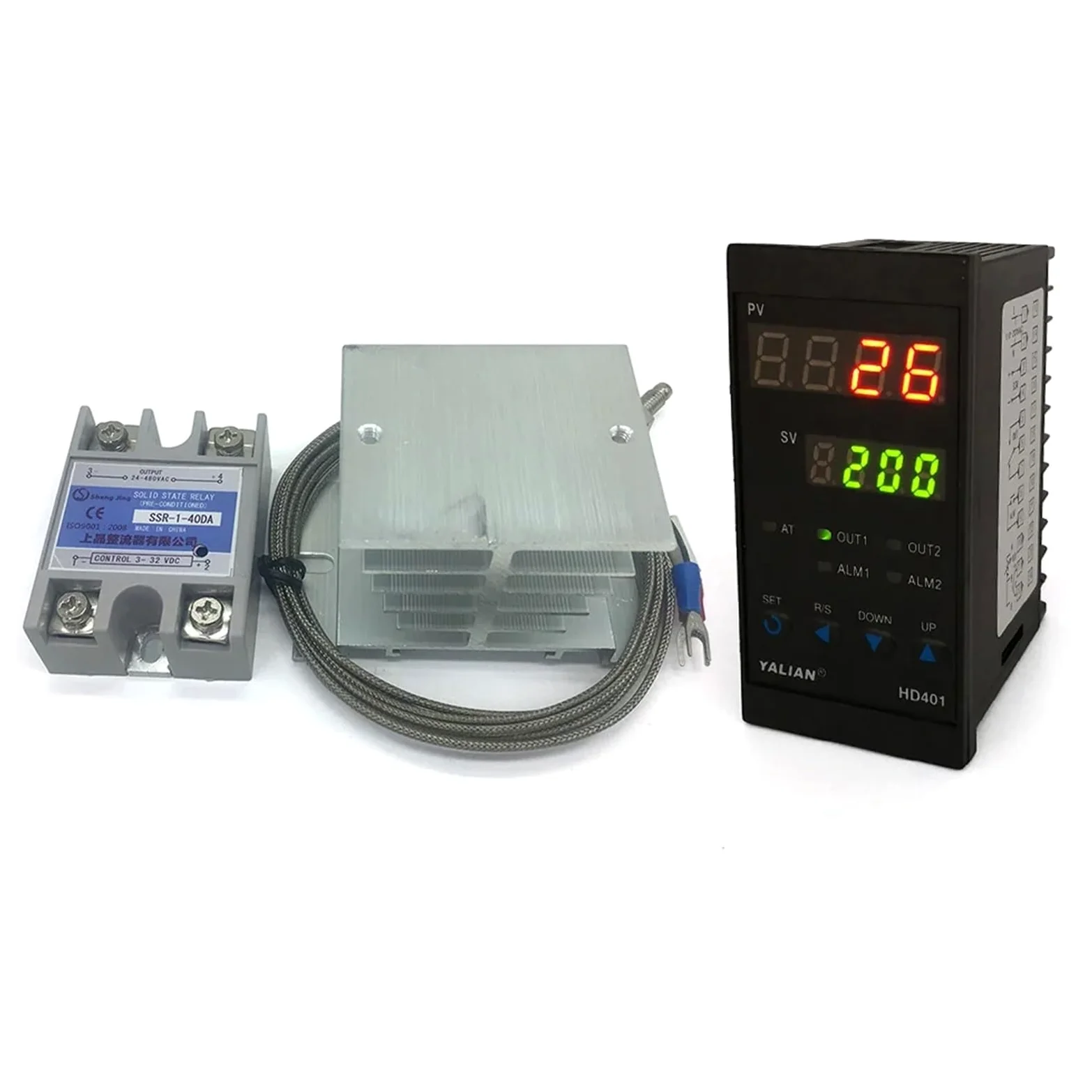 Controlador de temperatura digital Pid Temperatura máxima de ajuste 1372 grados Celsius + disipador de calor + termopar K 2M + SSR máx. 40 A(HD401)