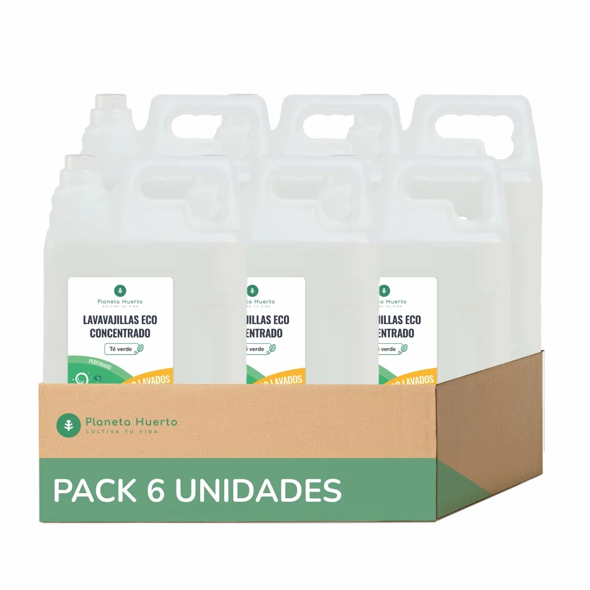 PLANETA HUERTO | Pack 6x Lavavajillas Manual Té Verde ECO 5 L | Detergente Ecológico Concentrado para una Limpieza Eficiente y Sostenible