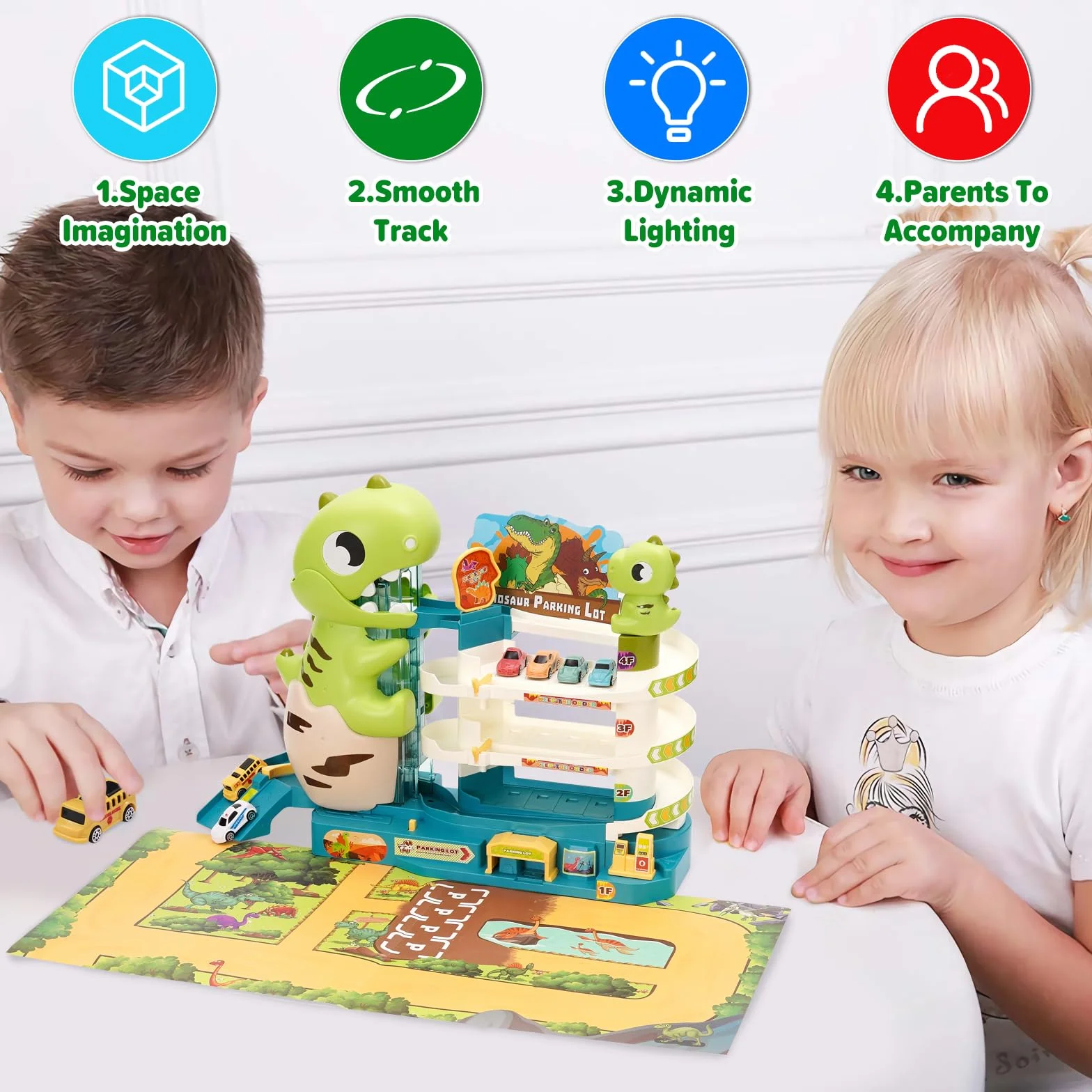 Parking Coches Juguete con Tres Plantas y Elevador, Dinosaurio Pista con 6 Autos, Regalos Educativos para Niños 5-9 Años