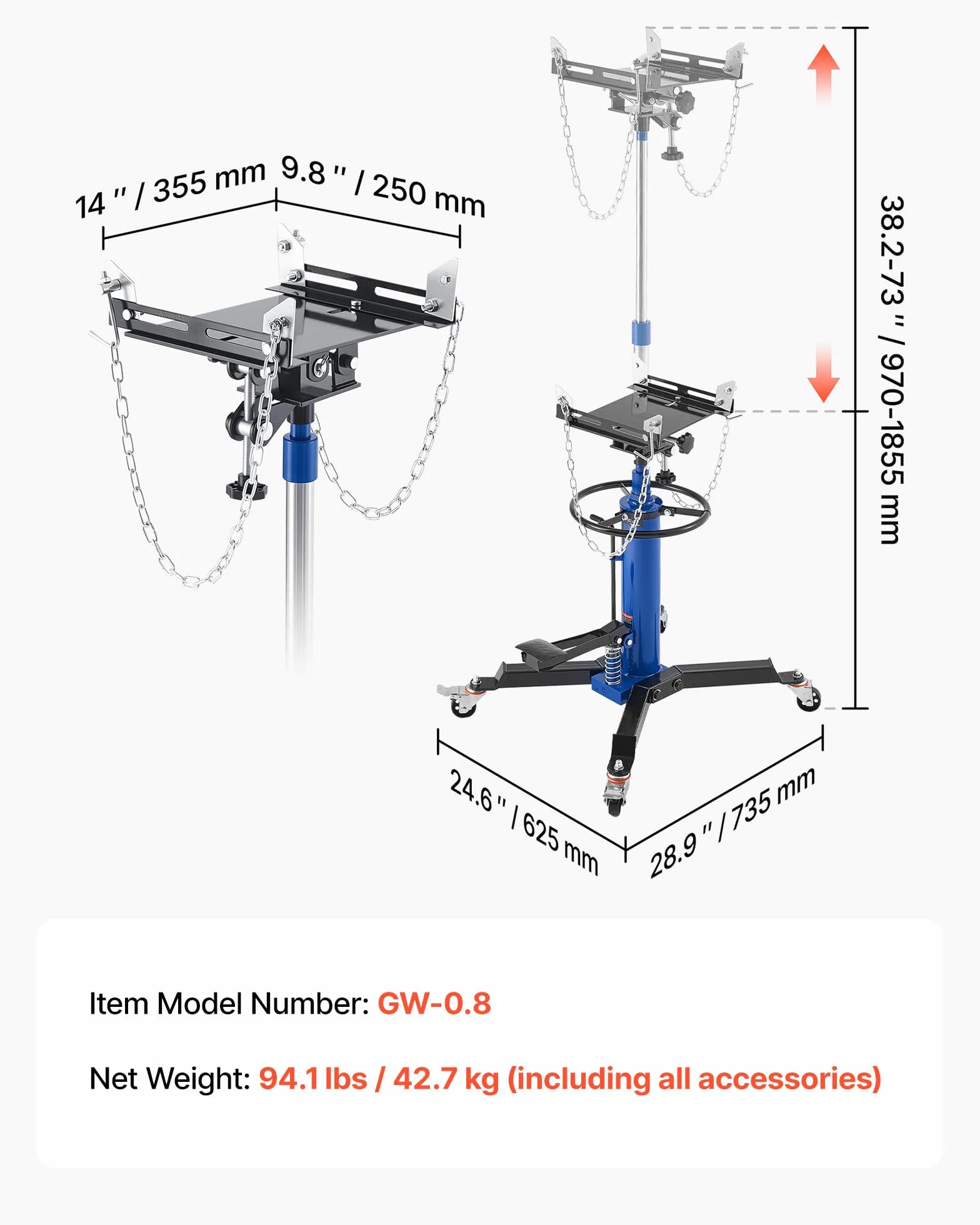 VEVOR Gato Hidráulico de Transmisión para Taller, con Capacidad de Elevación de 750 kg, con Pedal y Rueda Giratoria de 360°, Altura de Elevación de 88-176 cm, para Taller/Garaje, Azul y Negro
