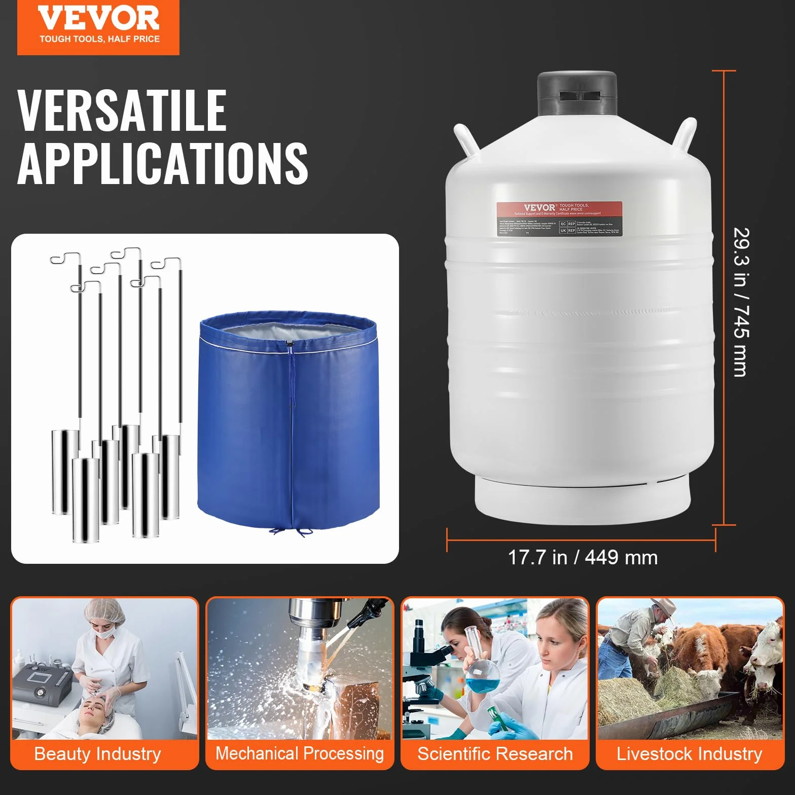VEVOR Tanque de Nitrógeno Líquido 30 L, Contenedor de Aleación de Aluminio con 6 Botes y Bolsa de Transporte