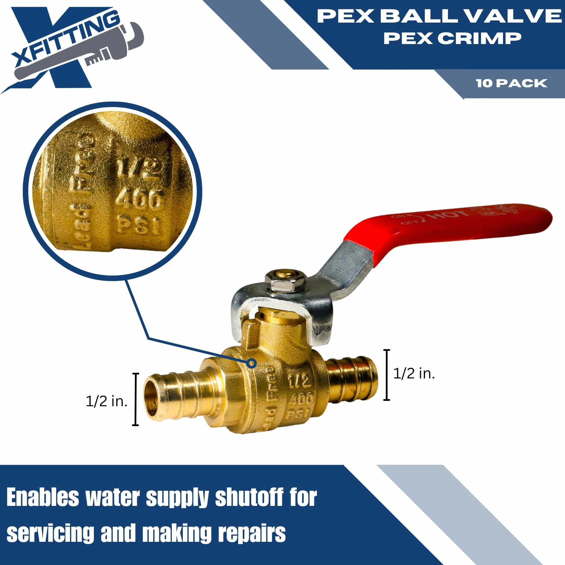 XFITTING Válvula de bola Pex de 10 piezas de 1/2 pulgada con mango rojo, 24-2-1 = 10X (10)