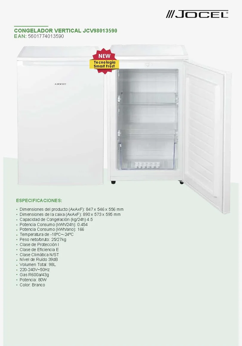 Congelador Vertical Jocel JCV98013590 98 Litros No Frost Blanco