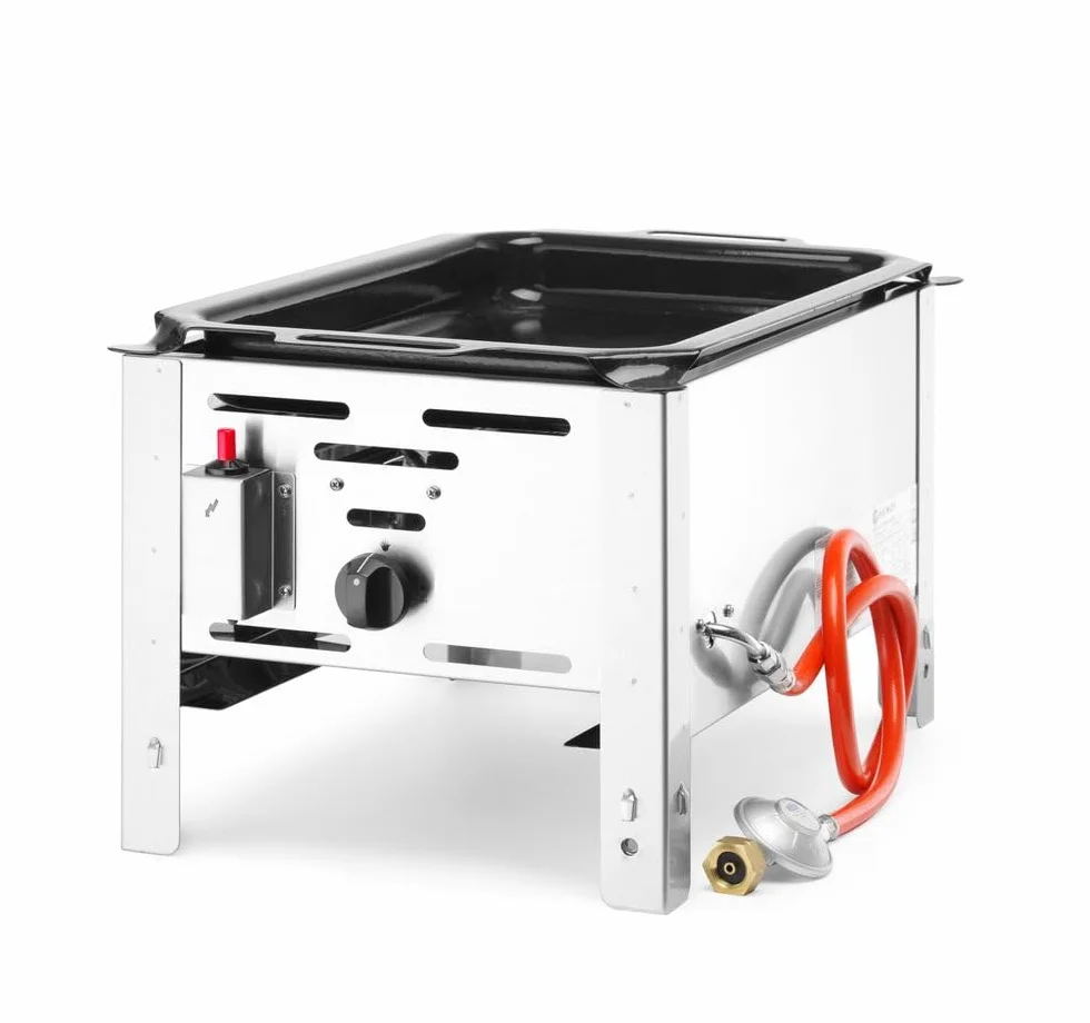 HENDI Parilla de gas Bake-Master Mini, grill, barbacoa, asador, fogón de gas propano y butano para parilladas, encendedor electrónico, 5,8kW(Hs), 340x540x(H)300mm, acero inoxidable 18/0