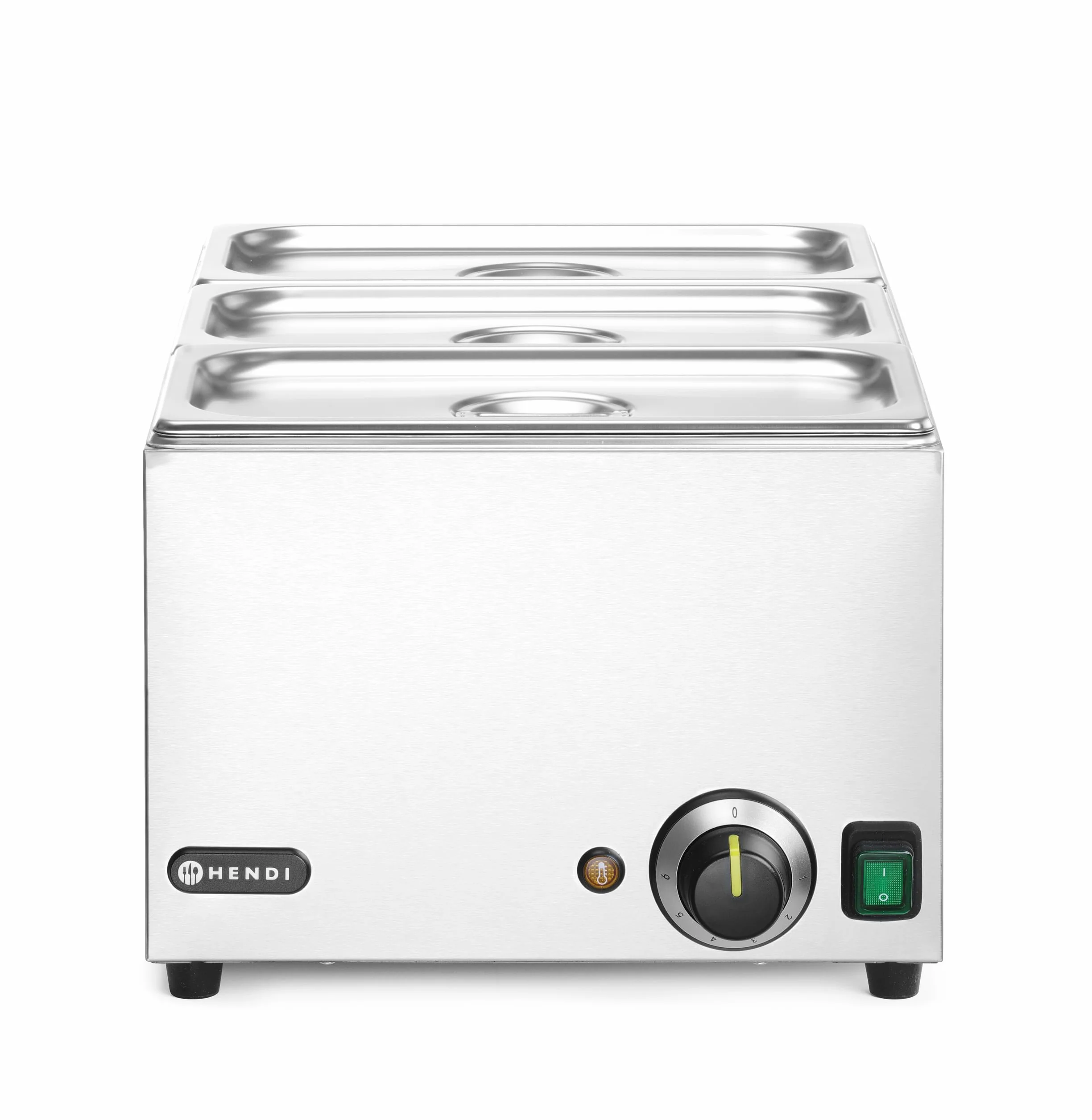 HENDI Baño María eléctrico, sistema de calentamiento al baño María, temperatura regulable 30 °C a 85 °C, incluye 3 x GN1/3 con tapa, 19L, 230V, 1000W, 590x332x(H)242mm, acero inoxidable