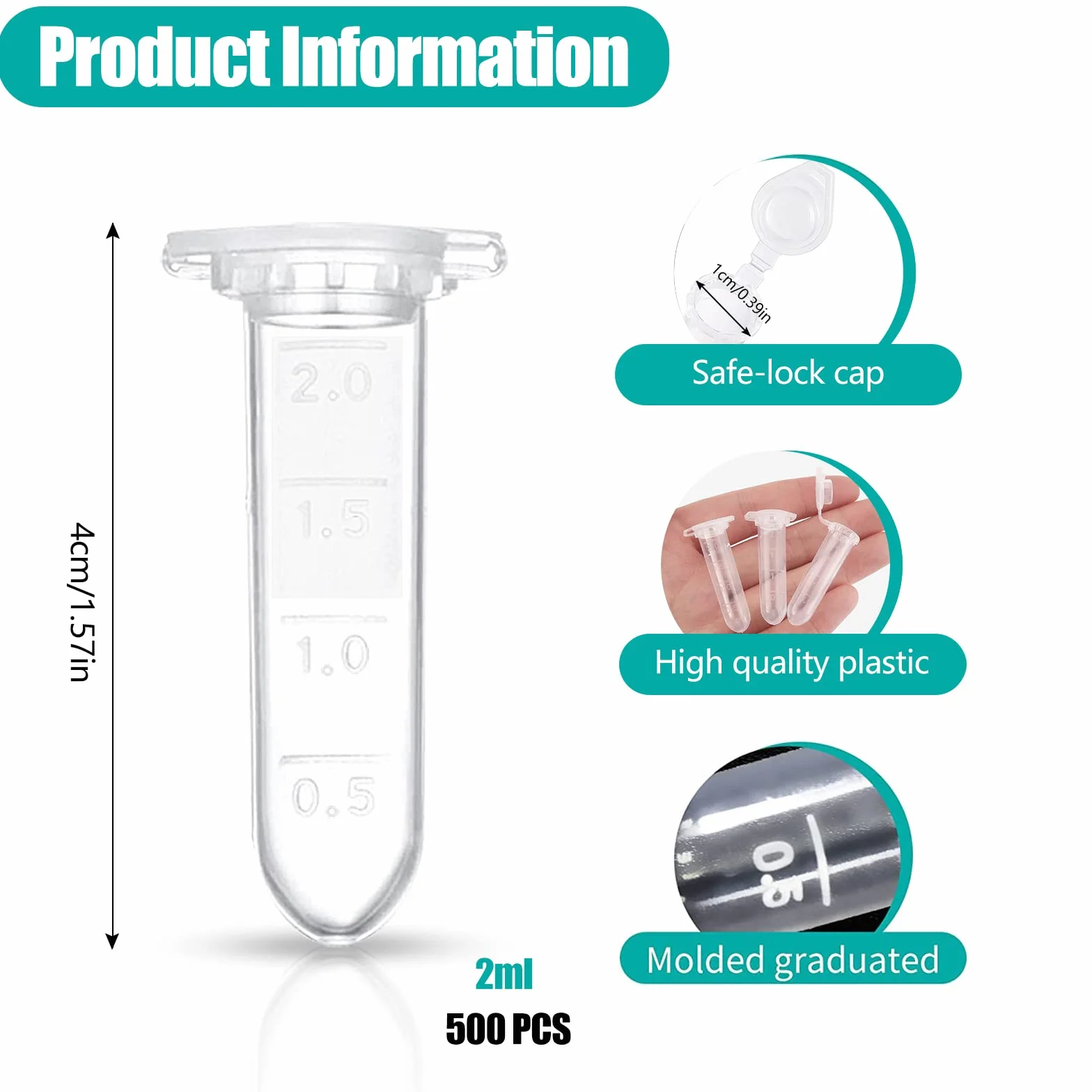 500 tubos de centrífuga 2 ml, recipiente de plástico transparente con tapa para muestras líquidas