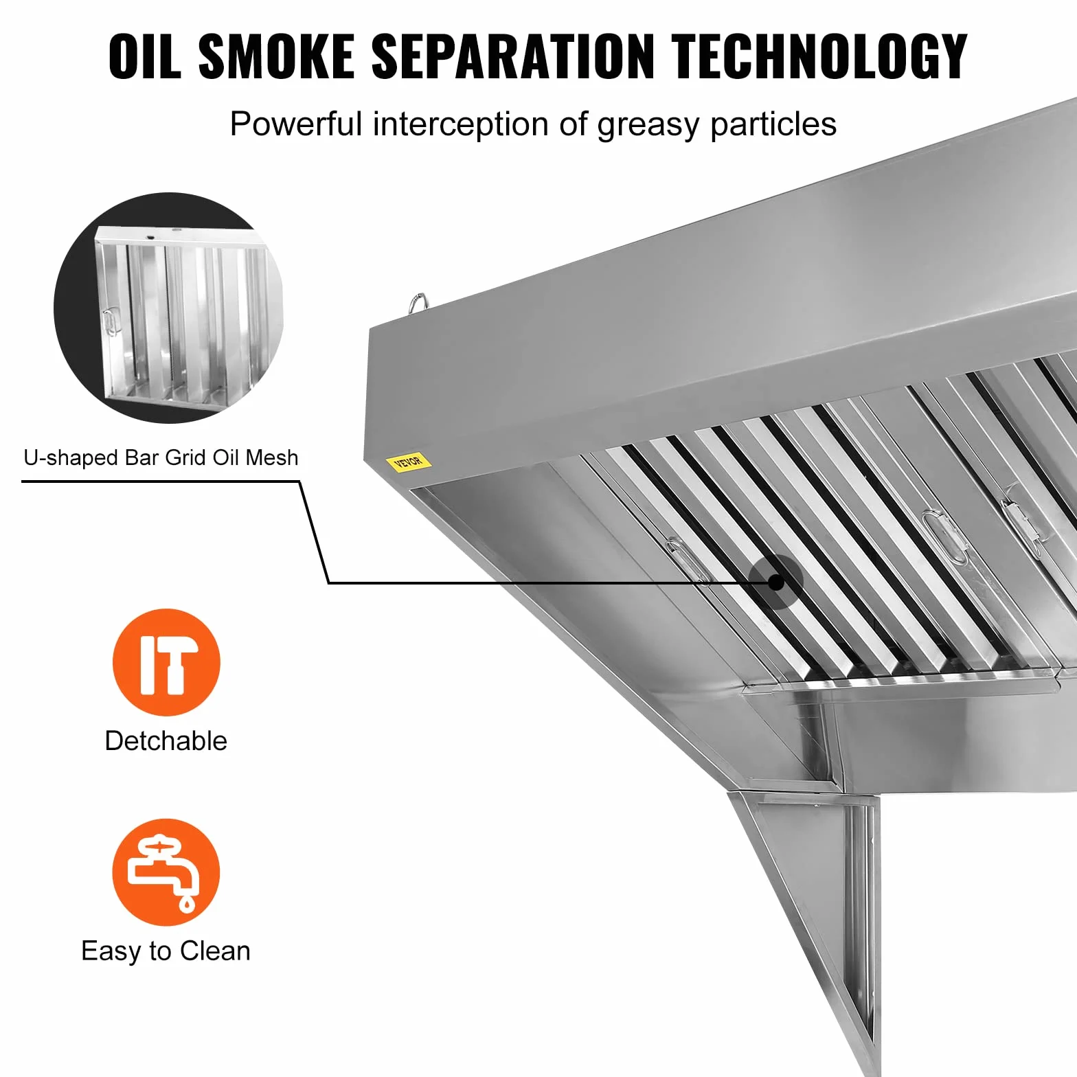 VEVOR Campana extractora comercial de 2,1 m para camión de alimentos, capó de remolque de acero inoxidable 201 con 3 rejillas de filtro de aceite extraíbles en forma de U, campana de ventilación