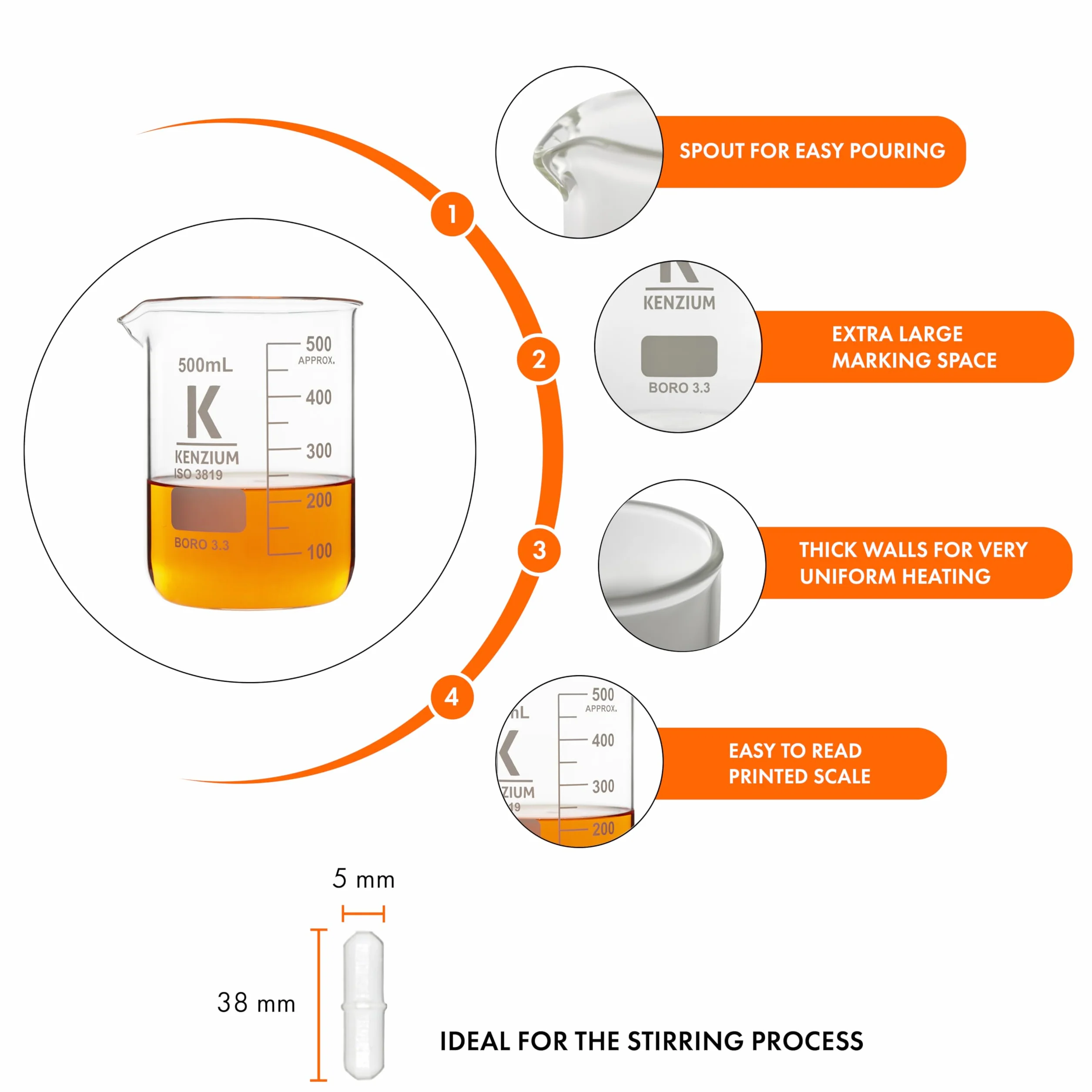 KENZIUM - Pack 3 x Vasos de Precipitados + 1 Varilla Magnética | 100 ml, 250 ml y 500 ml | Vidrio Borosilicato 3.3 | Forma Baja | Graduados, Con Boquilla | Alta Resistencia, Autoclavables
