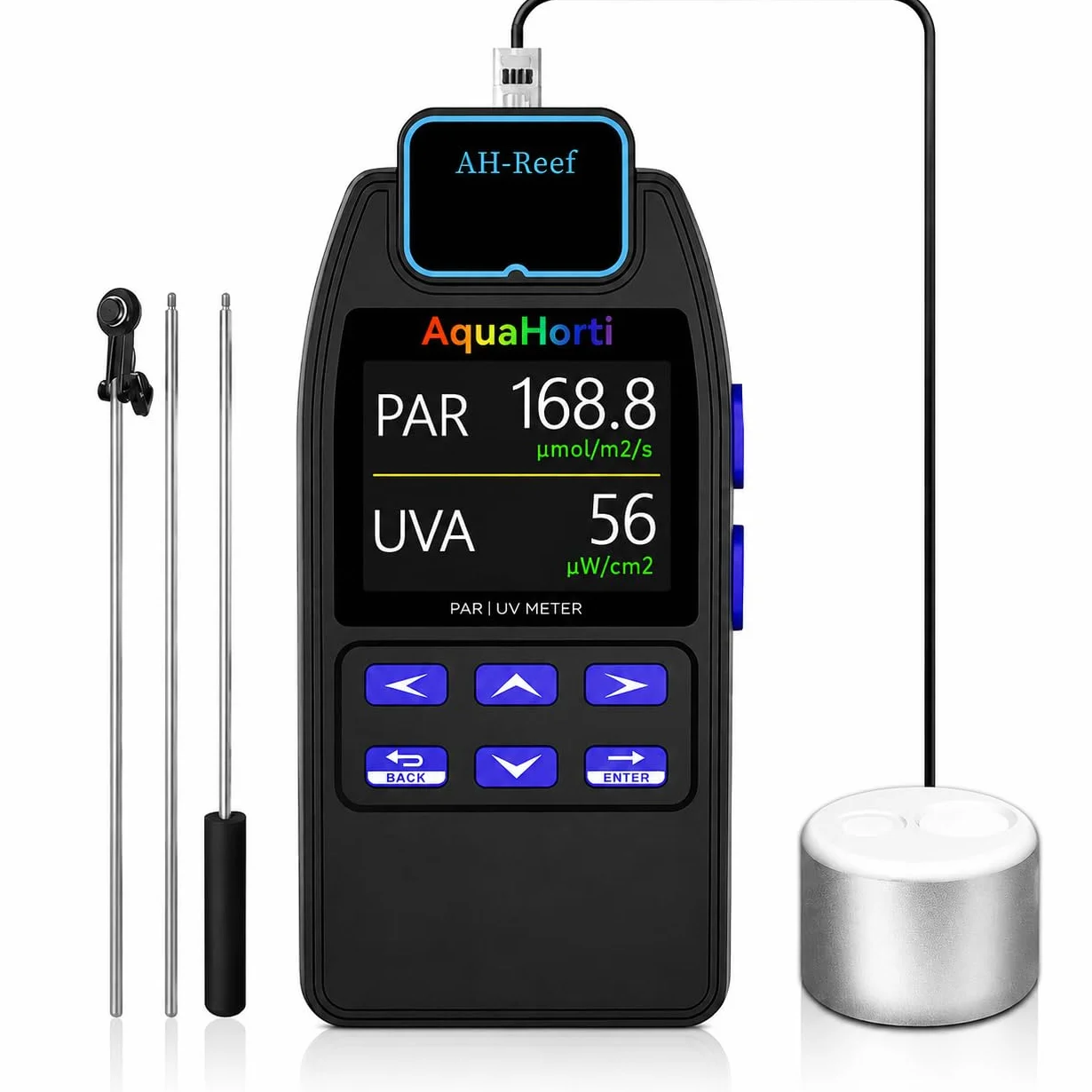 AH-Reef Medidor de PAR, Prueba de PPFD y UVA en W/m², Sensor Impermeable, Muestra porcentajes de R, G, B en la iluminación acuática. Registra Distribución de PAR y UVA