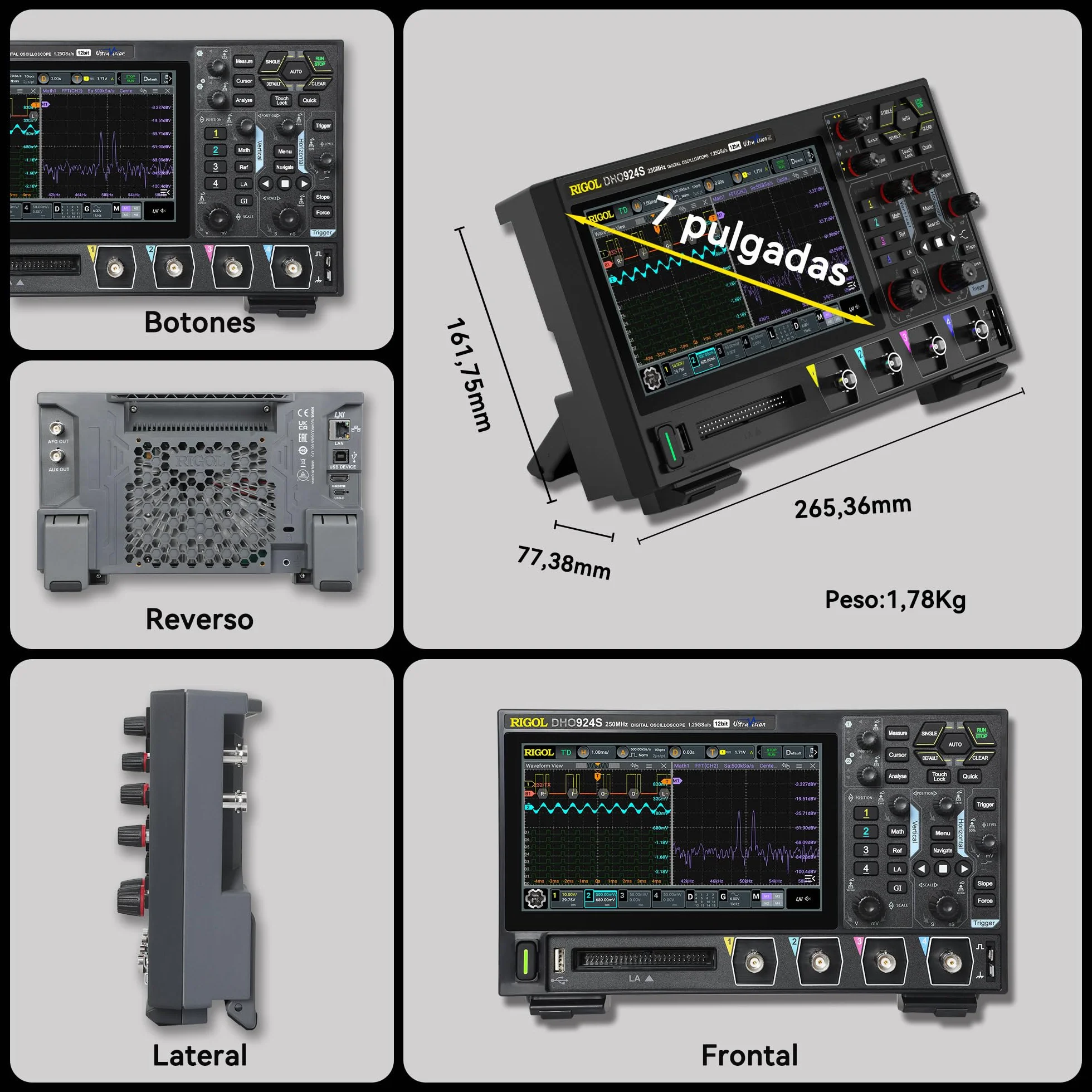 RIGOL Osciloscopio,DHO924S Osciloscopio Digital Portatil,250MHz,4A+16D canales,Resolución 12 bits,Pantalla táctil HD 7",Generador de señales integrado,Para pruebas en campo y enseñanza en laboratorio