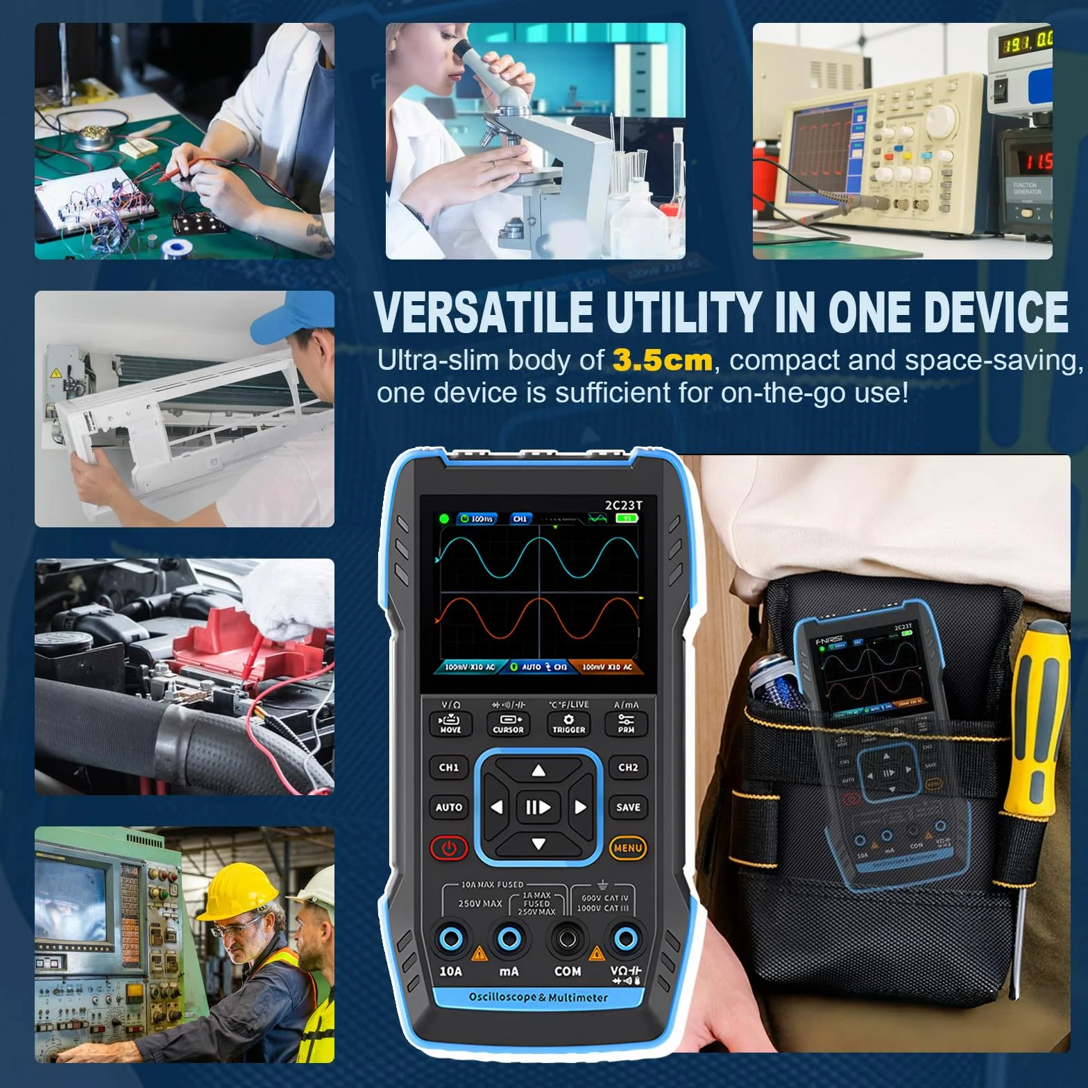 Osciloscopio Multímetro 2 Canales, WapoRich 3 en 1 Profesional Osciloscopio Portátil con 10MHz, 50 MSa/s, TRMS 9999 Cuentas, 7 Formas de Onda para Laboratorio, Automocion