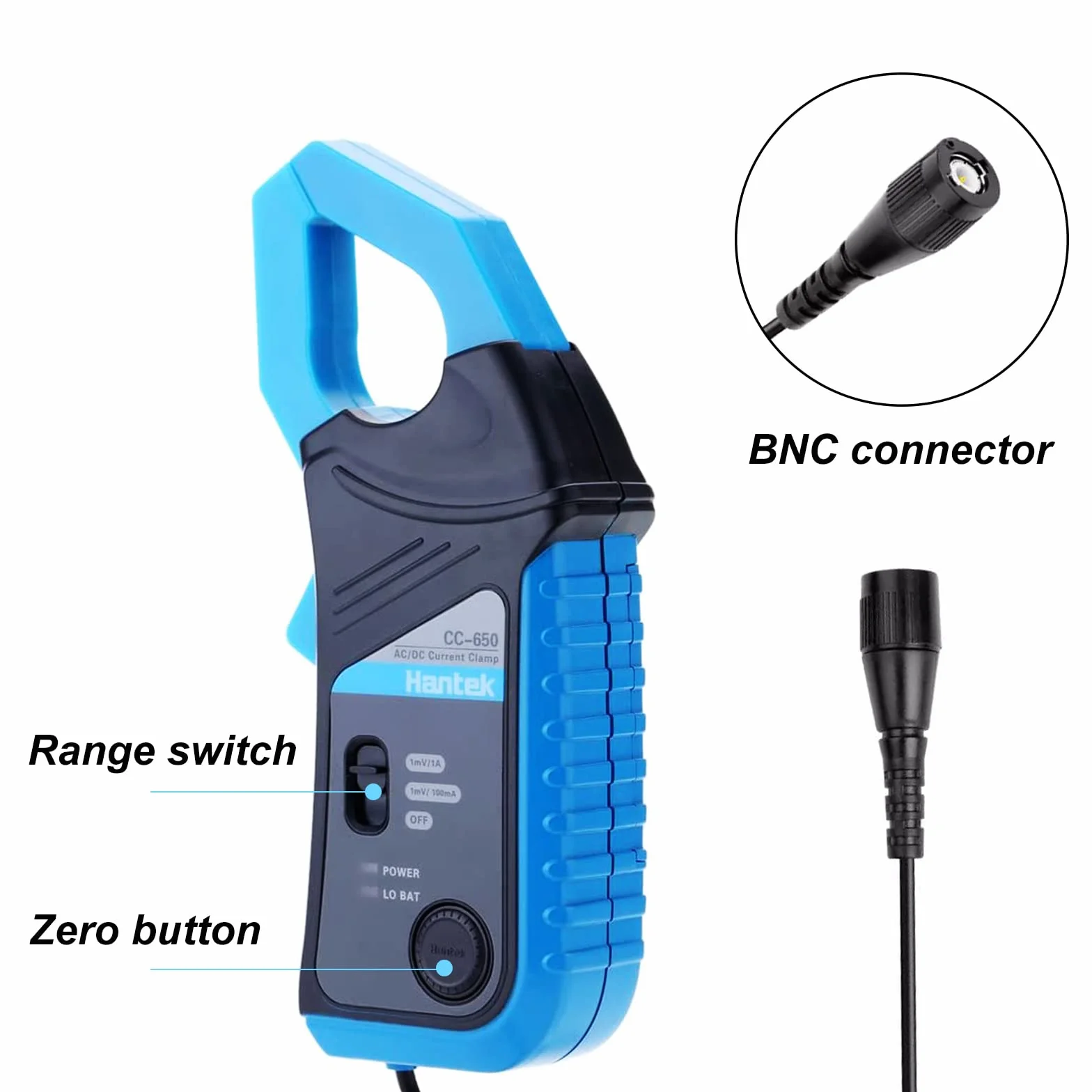 Hantek CC650 Pinza de corriente CA/CC ancho de banda de 400Hz, 1mV/10mA, Osciloscopios automáticos 650A y DMM, Conector BNC