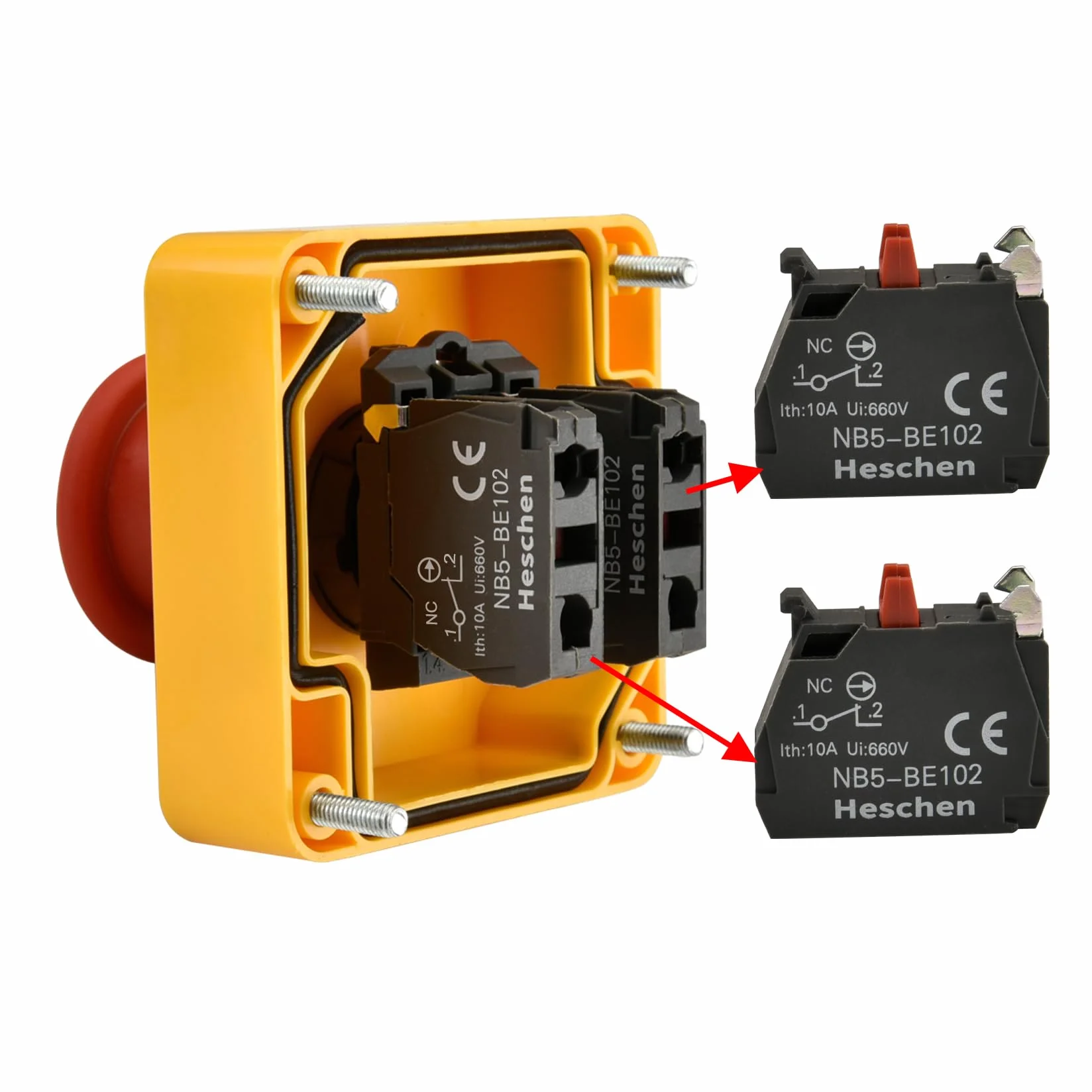 Heschen Interruptor de emergencia IP65 resistente a la intemperie con carcasa y llave, 2NC 660 V 10 A, interruptor de botón rojo con inscripción EMERGENCY STOP para industria, 1 unidad