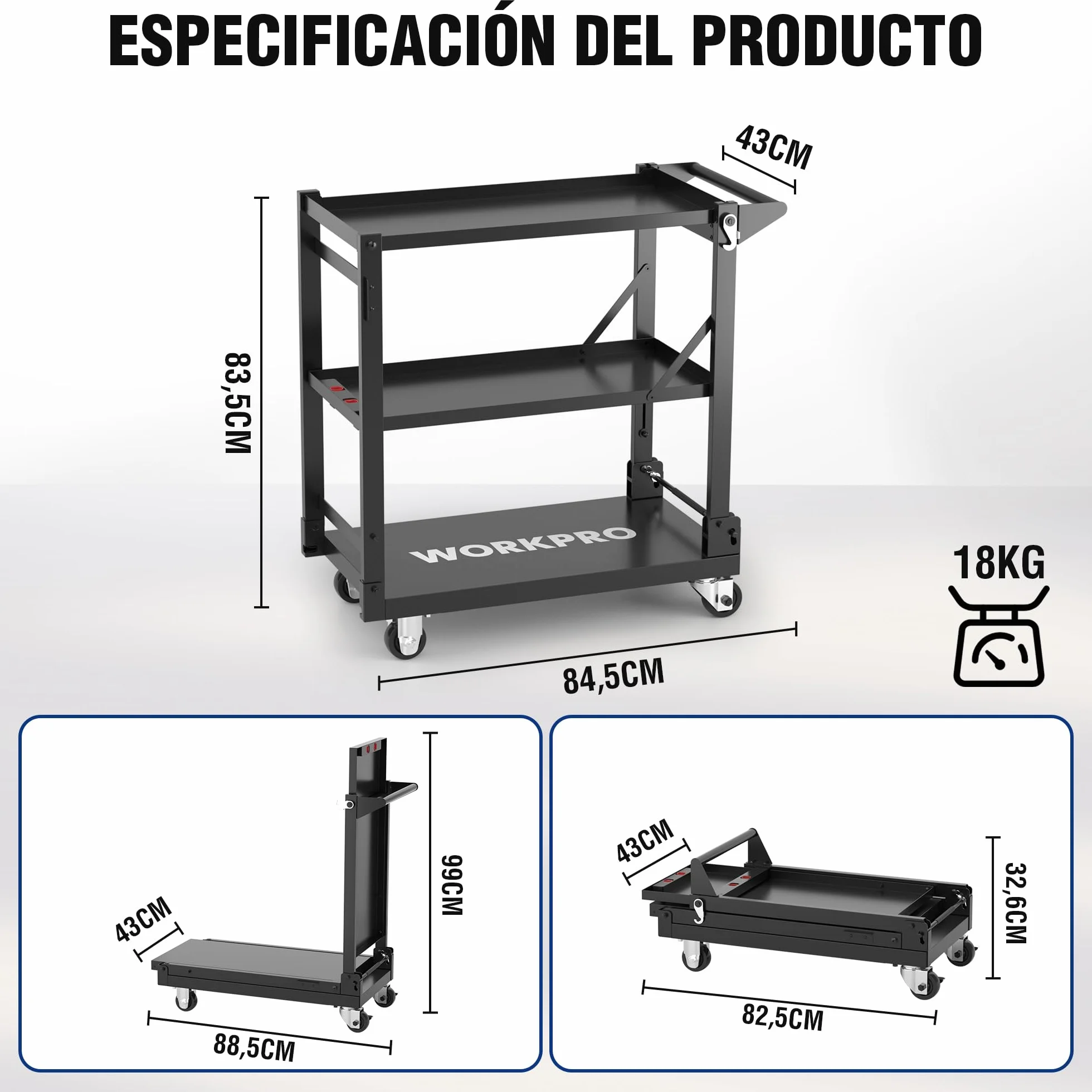 WORKPRO Carro de Servicio, 3-en-1 Carrito Plegable con Ruedas, Estantes de Almacenamiento Multifuncionales de Alta Resistencia, para Cocina, Hotel, Taller, Oficina, Almacén y Casa
