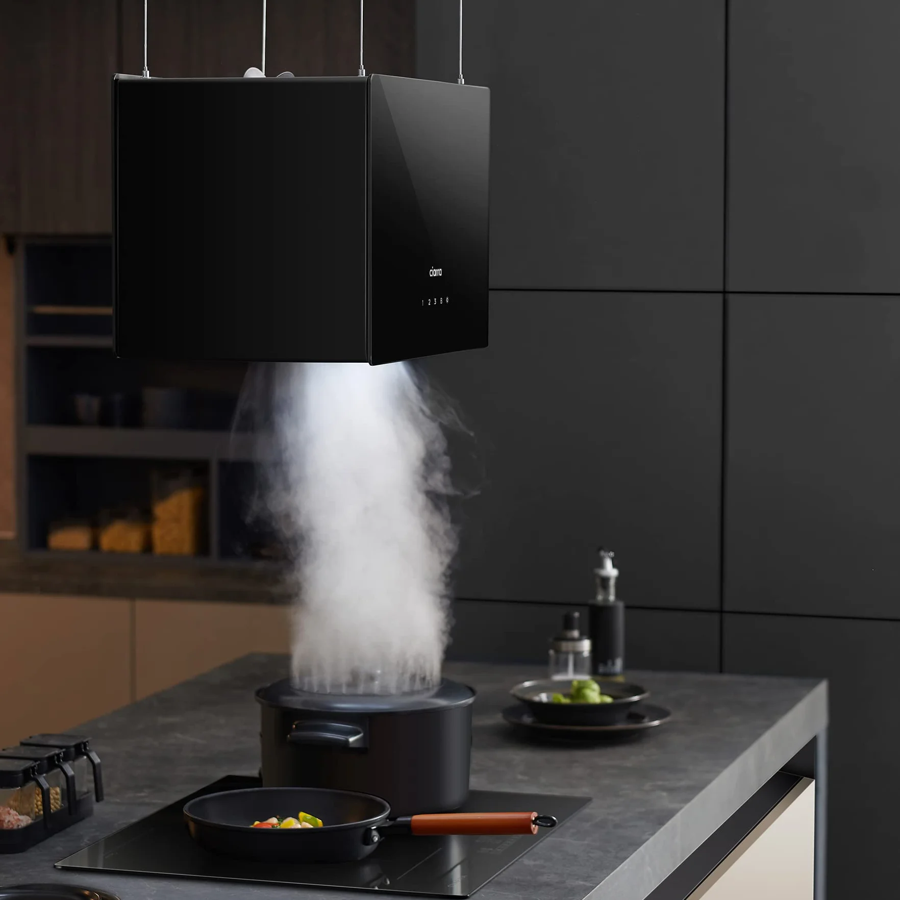 CIARRA CBCB4850 Campana Extractora Isla 48cm 700m³/h WiFi Control Táctil Clase A+++ Filtro Carbón 4 Velocidades LED Negro
