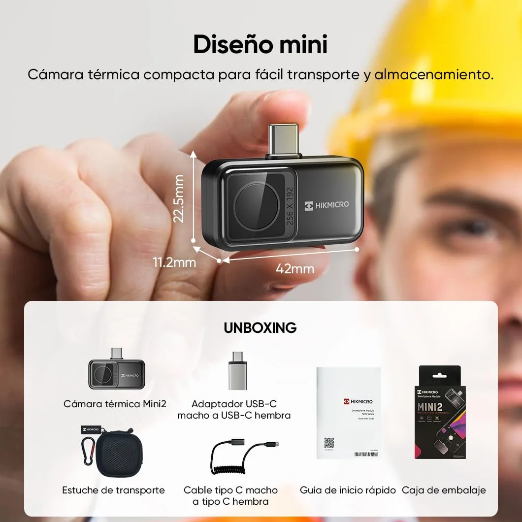 Cámara térmica HIKMICRO Mini2 Android, resolución IR de 256 x 192, Cámara termográfica, frecuencia de imagen de 25 Hz, gran angular de 50°, 49.152 píxeles, -20°C a 350°C, USB-C (no apta para iPhone)