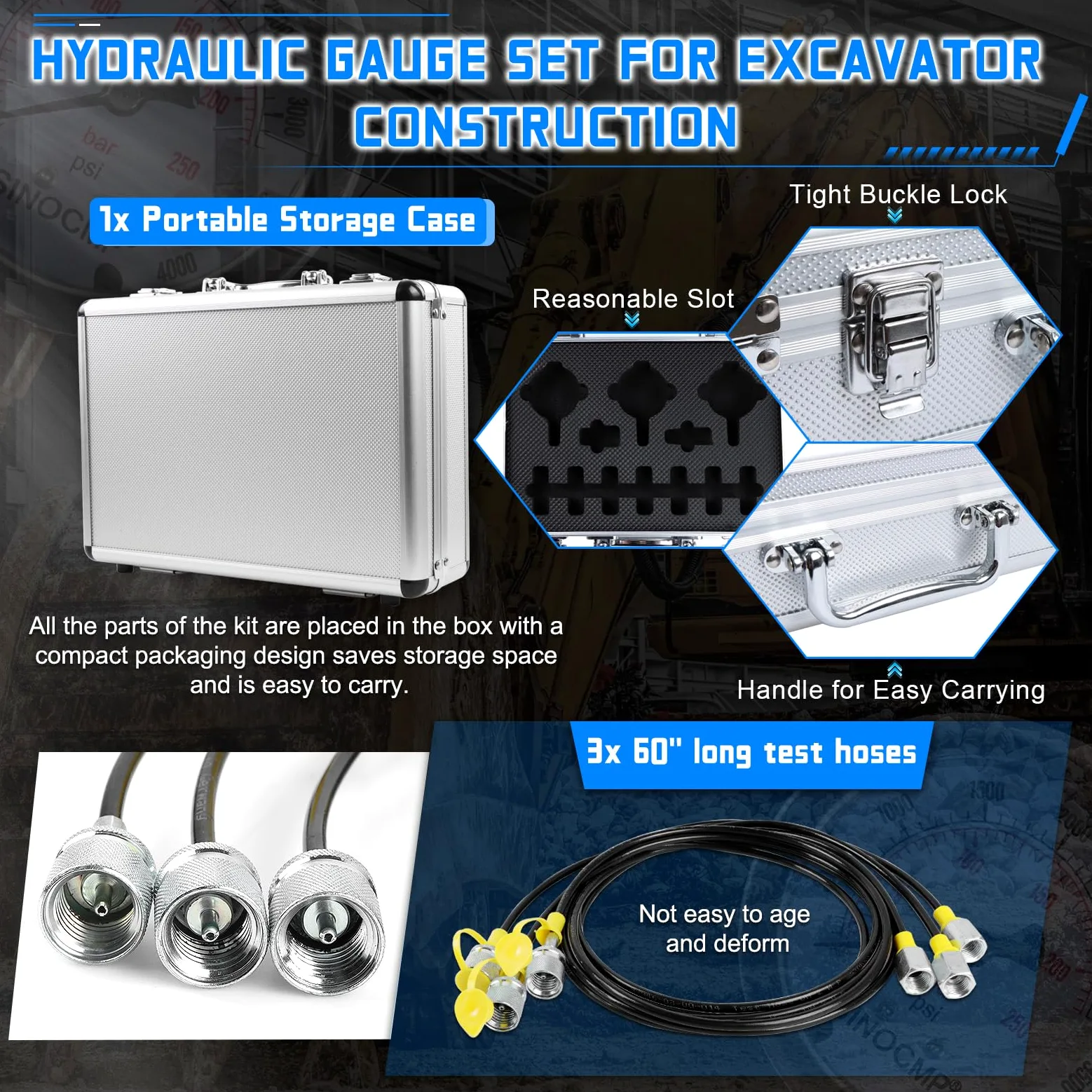 Kit de prueba de medidores de presión hidráulicos 4000/6000/10000PSI, 9 acoplamientos, 3 mangueras de prueba de 59 pulgadas, 1 caja de aluminio para maquinaria de construcción de excavadoras
