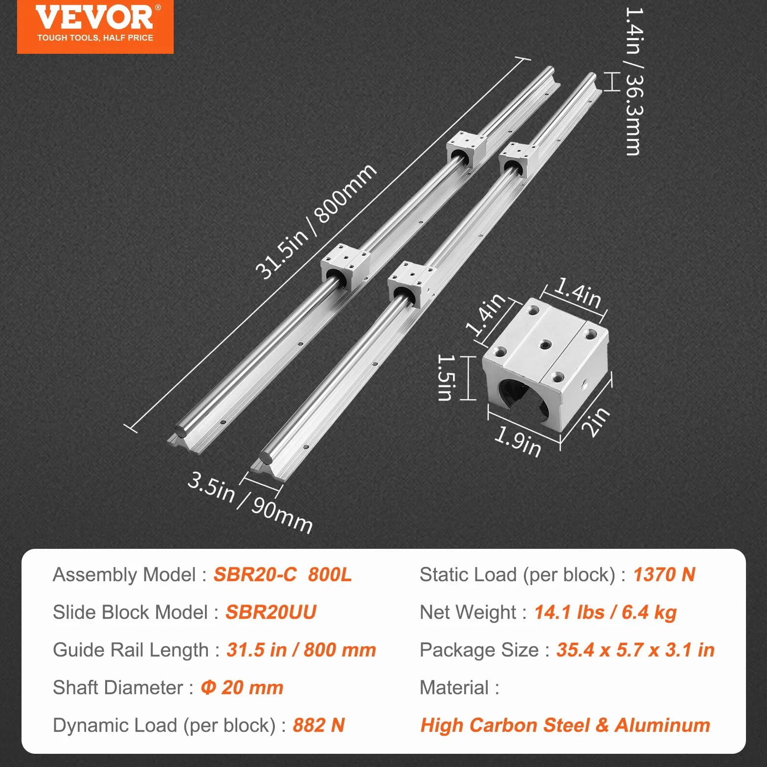 VEVOR Riel de Guía Lineal SBR20 800 mm con 4 Bloques SBR20UU para CNC Router Torno Impresora