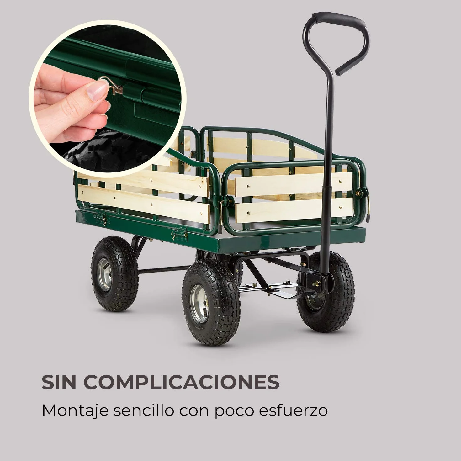 Waldbeck Ventura - Carretilla de Mano, Carro de Transporte de Acero, Gran Superficie de Carga Pesada, Soporta hasta 300kg, Paredes Laterales Plegables, Ruedas Goma, Verde Oscuro