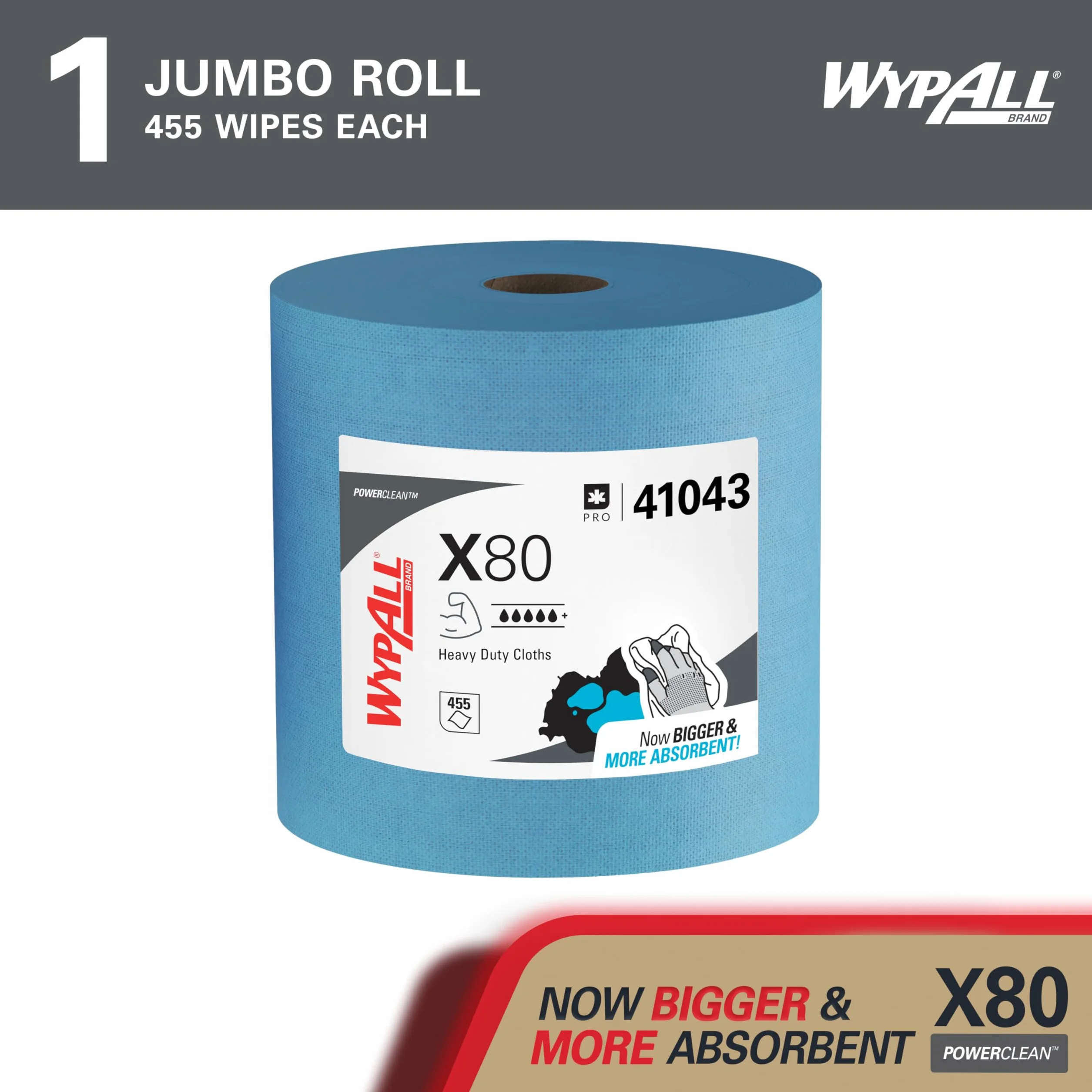 Paños WypAll X80 Power Clean, Paños de limpieza reutilizables industriales, Rollo azul de alta capacidad con 455 paños absorbentes de 1 capa​, Número de modelo 8347