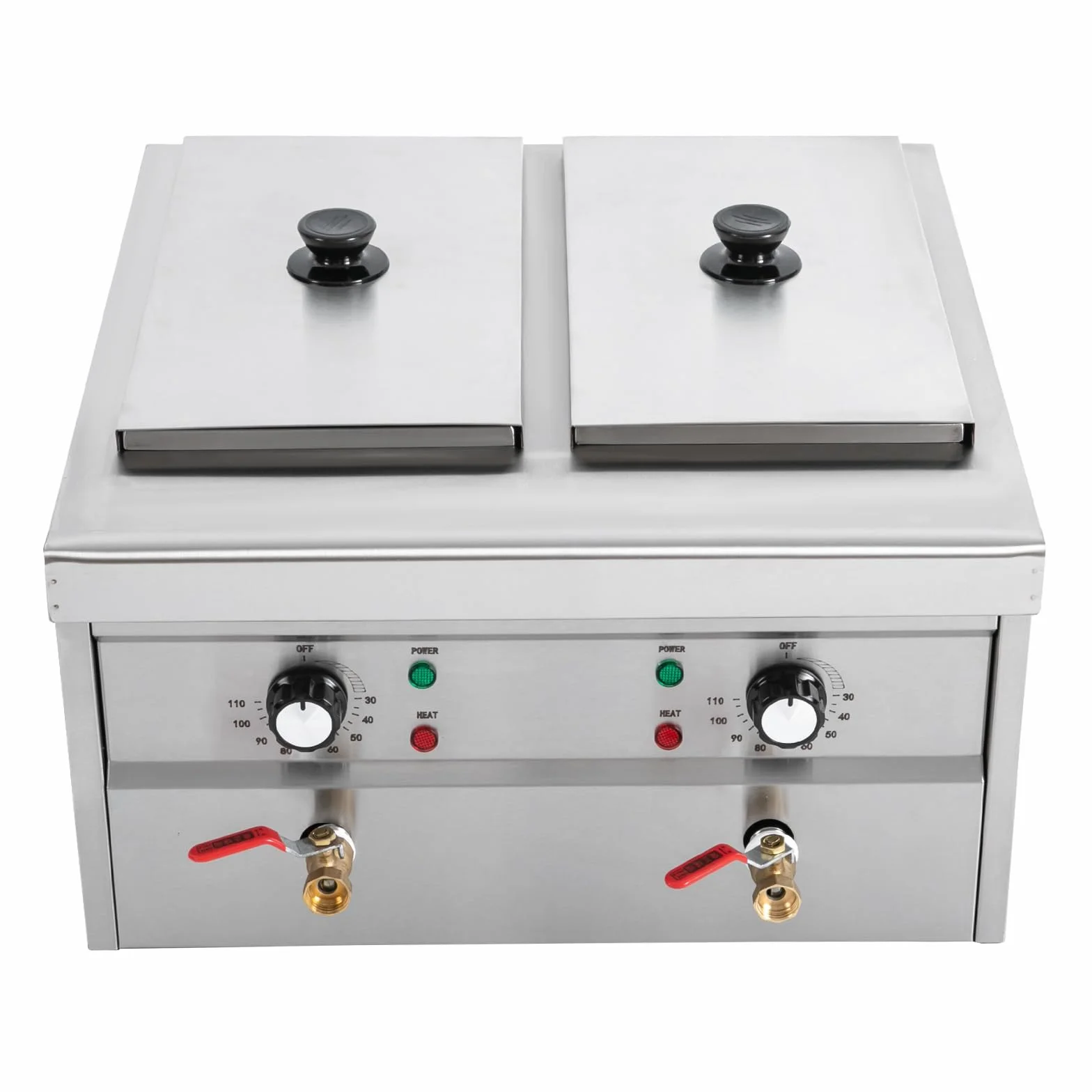 Hervidor de pasta eléctrico, 2 x 2 kW, cómoda máquina de cocinar pasta con 4 cestas de colador, 220 V, diseño de 4 agujeros, capacidad nominal 2 x 9 L, ajustable a 30 – 110 °C