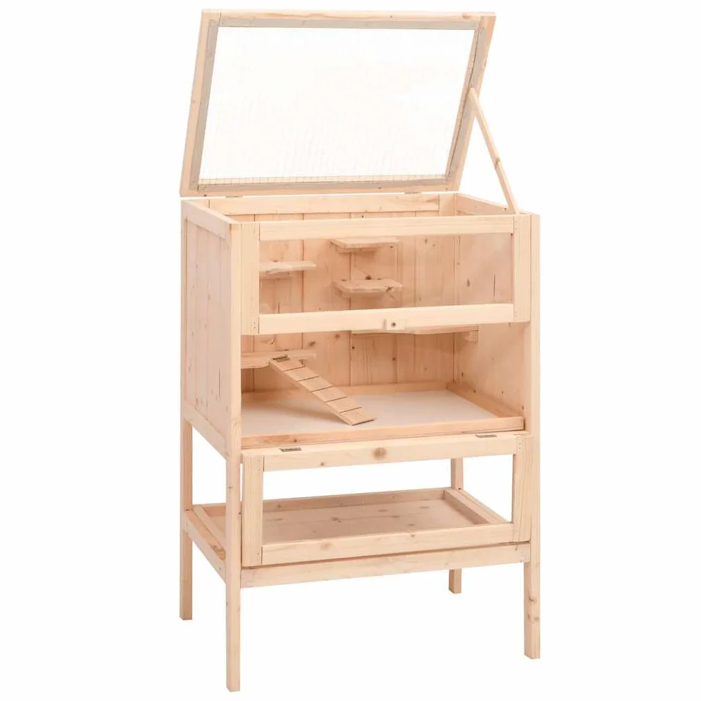 Jaula hámster madera maciza abeto 55x40x80 cm con escalera de dos niveles, techo rejilla metálica abierta, frontal acrílico transparente, estante de almacenamiento, para hámster Gerbille