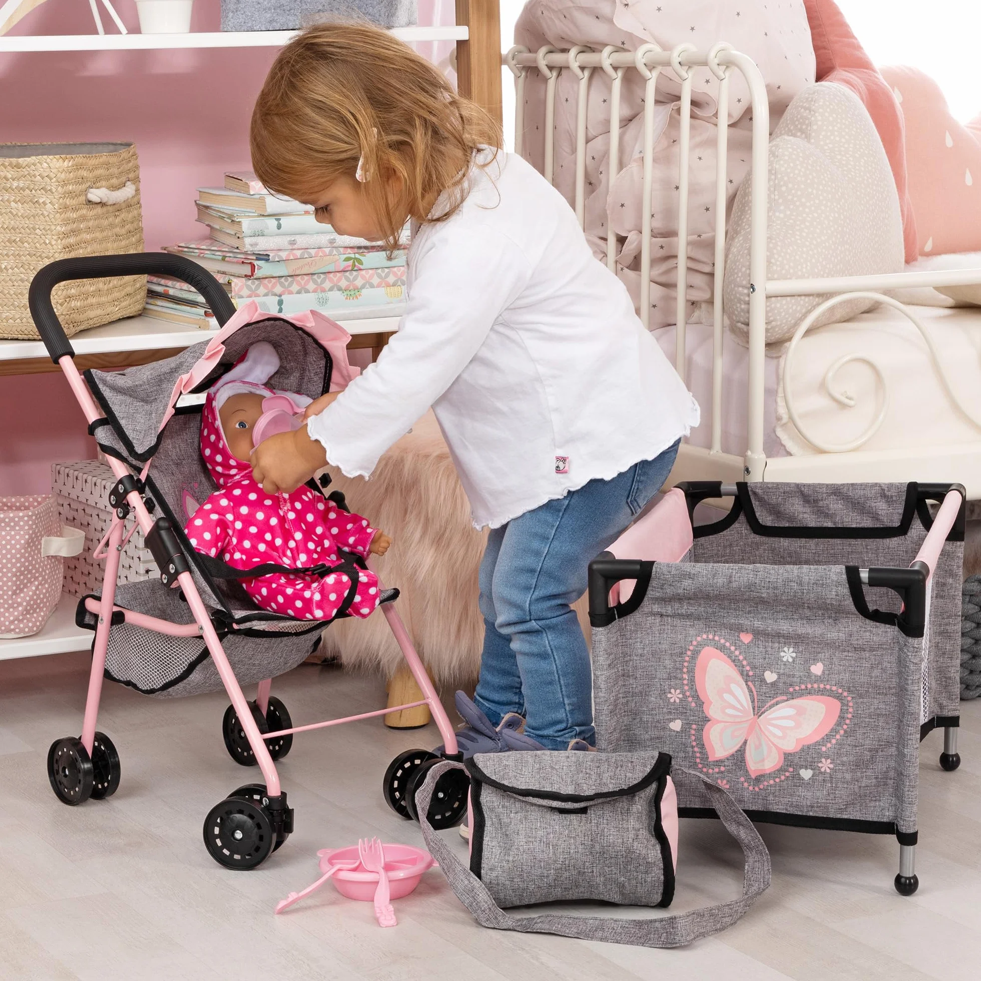 Bayer Design Sillita de Paseo para Muñecas con Cama, Alfombra y Bolsa