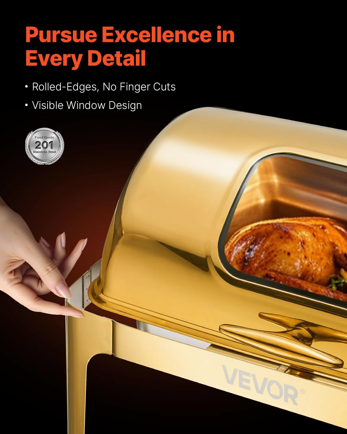 VEVOR Juego de Calentador de Alimentos Acero Inoxidable con Sartenes Tamaño Completo(8,5 L), Rectangular, con Tapa Visible y Soporte para Bandeja de Agua y Depósito de Combustible, Dorado, 1 ud