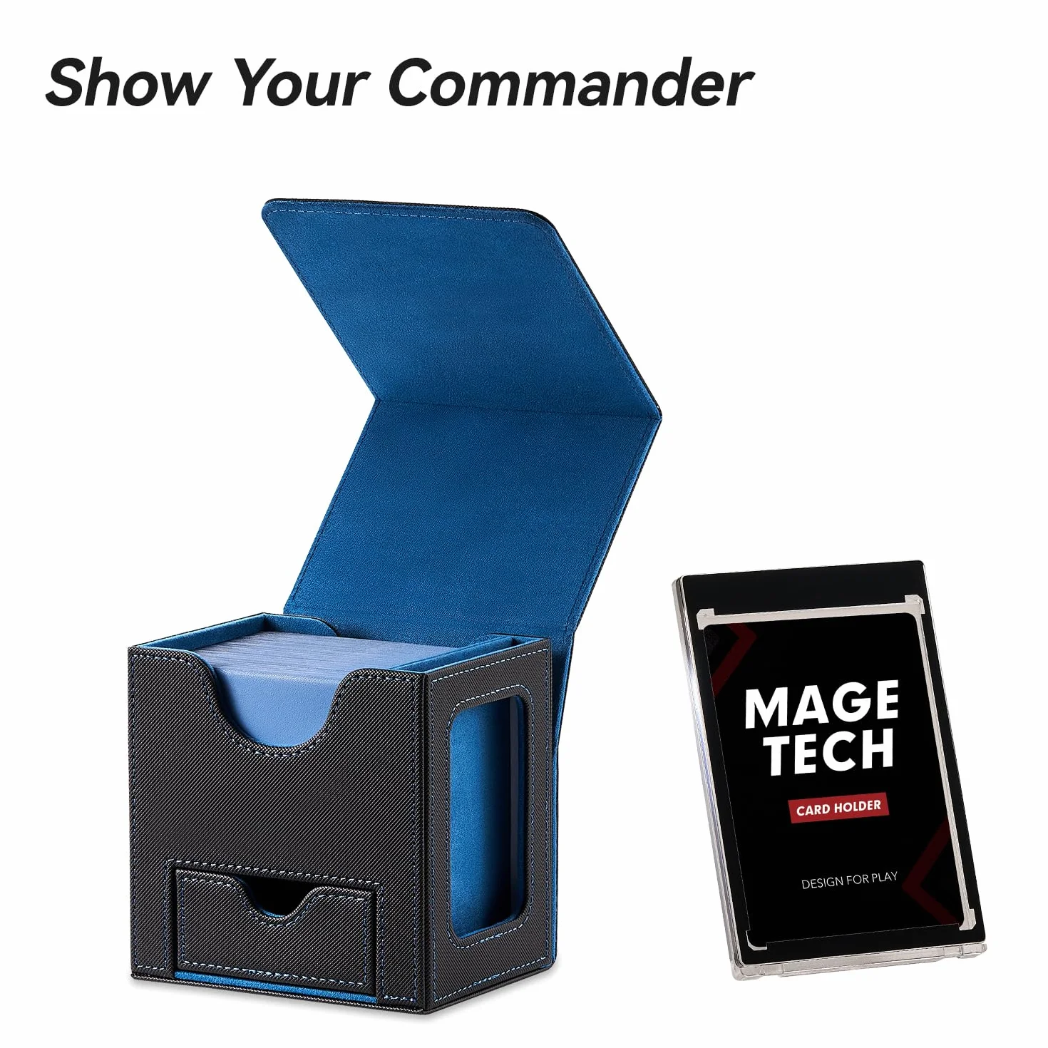 Mage Tech Card Commander Deck Box para MTG - Diseño patentado, expositor de Commander, 100 cartas doble manga, tarjetero magnético 35pt, bandeja dados - negro/azul