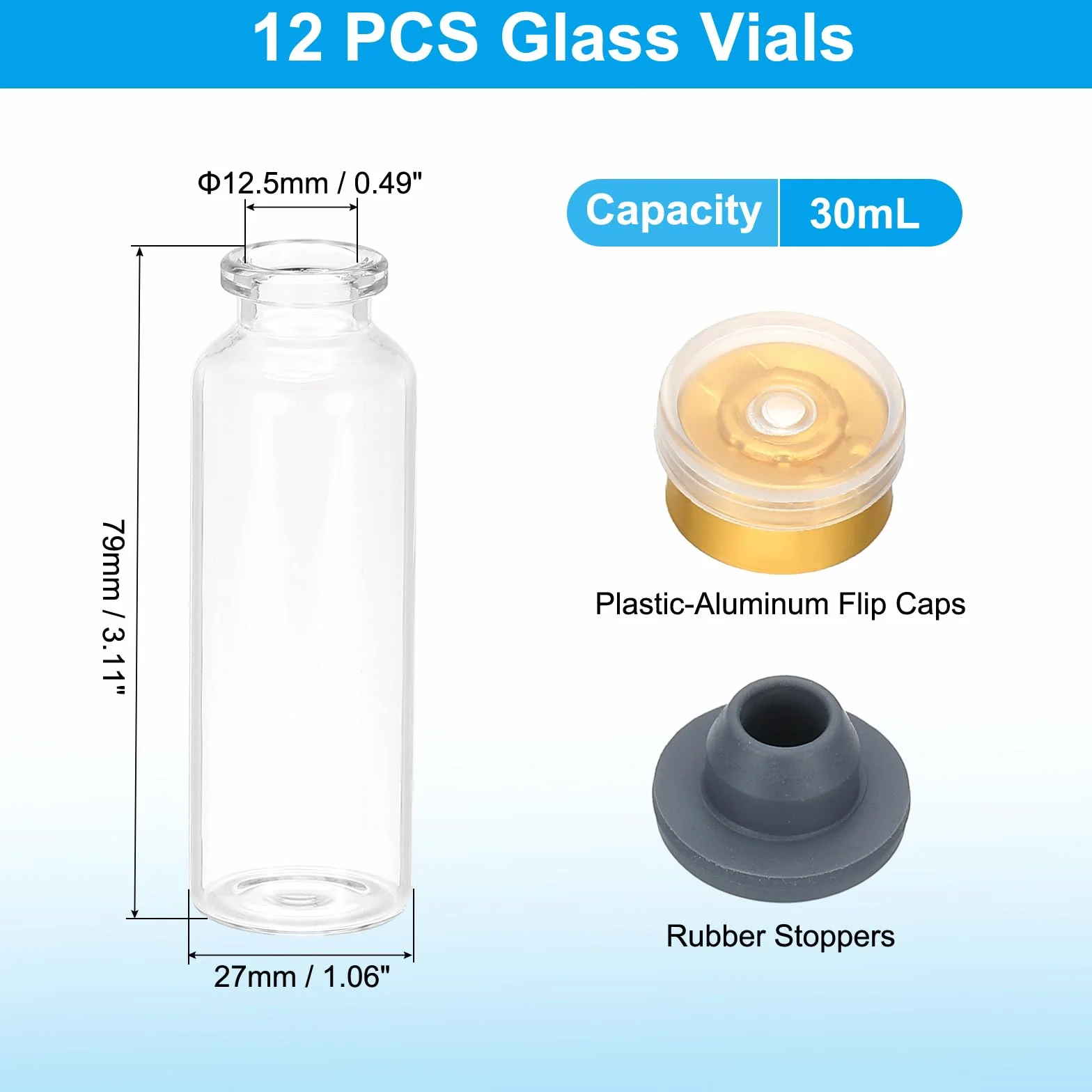 PATIKIL Juego de 12 Viales de Muestra de Vidrio de Borosilicato 30 ml con Tapa de Aluminio y Tapón de Goma Chapado en Oro para Almacenamiento