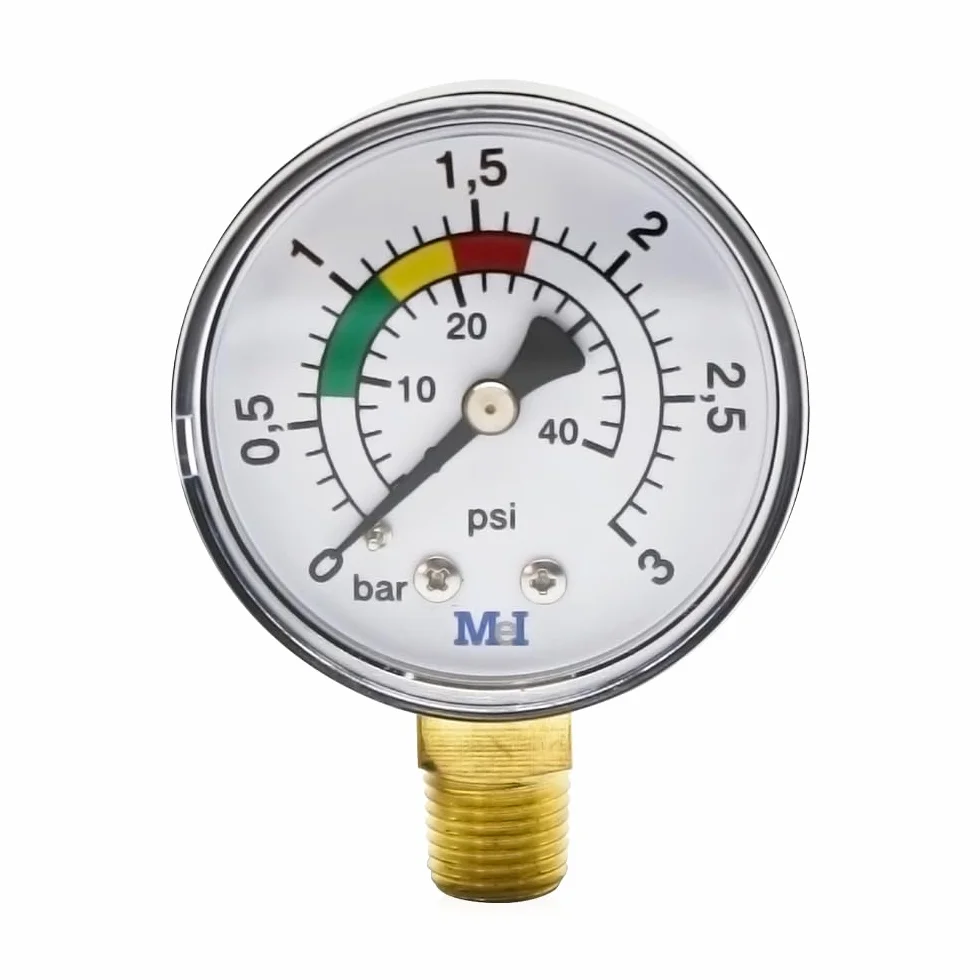 Manómetro de Agua 1/4 BSPT 0-3BAR/PSI Ø50mm para Piscinas Filtros y Bombas